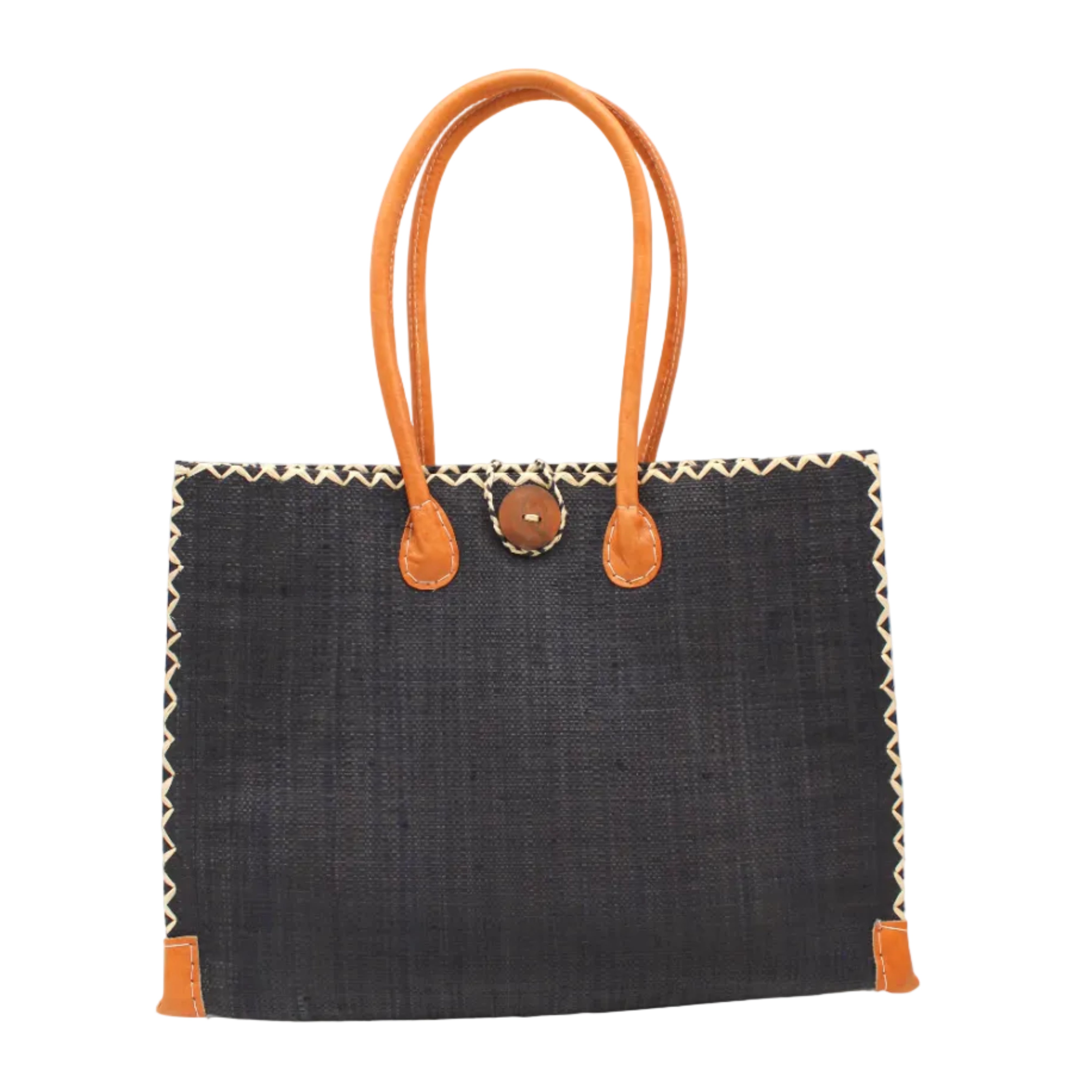 Zafran Straw Beach Bag with Plastic Liner handmade loomed raffia in a solid hue of black with contrasting natural straw color cross stitch edge binding, wood button closure, and leather handles & feet plus assorted print plastic lining - Shebobo