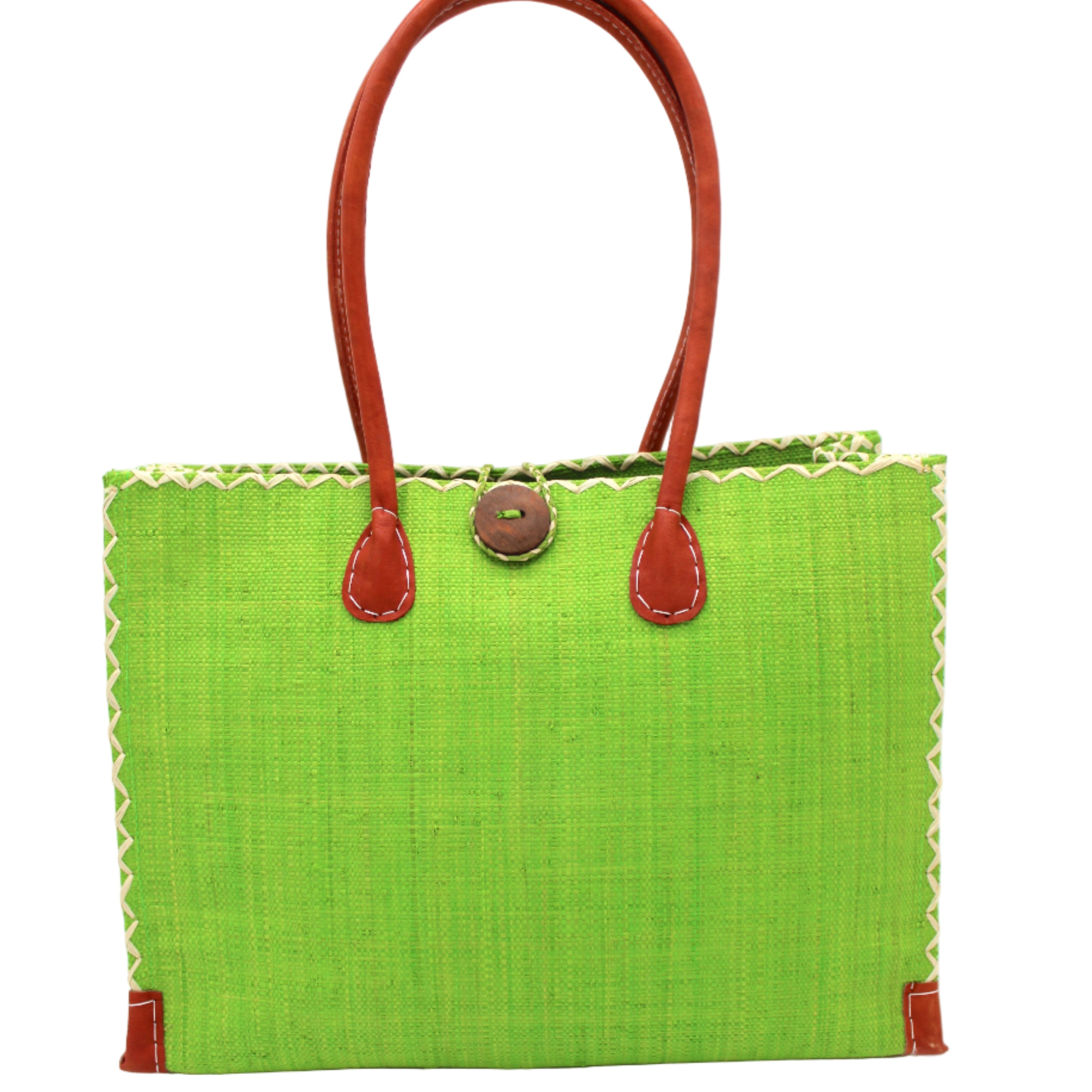 Zafran Straw Beach Bag with Plastic Liner handmade loomed raffia in a solid hue of Midori lime/bright/neon/green with contrasting natural straw color cross stitch edge binding, wood button closure, and leather handles & feet plus assorted print plastic lining - Shebobo