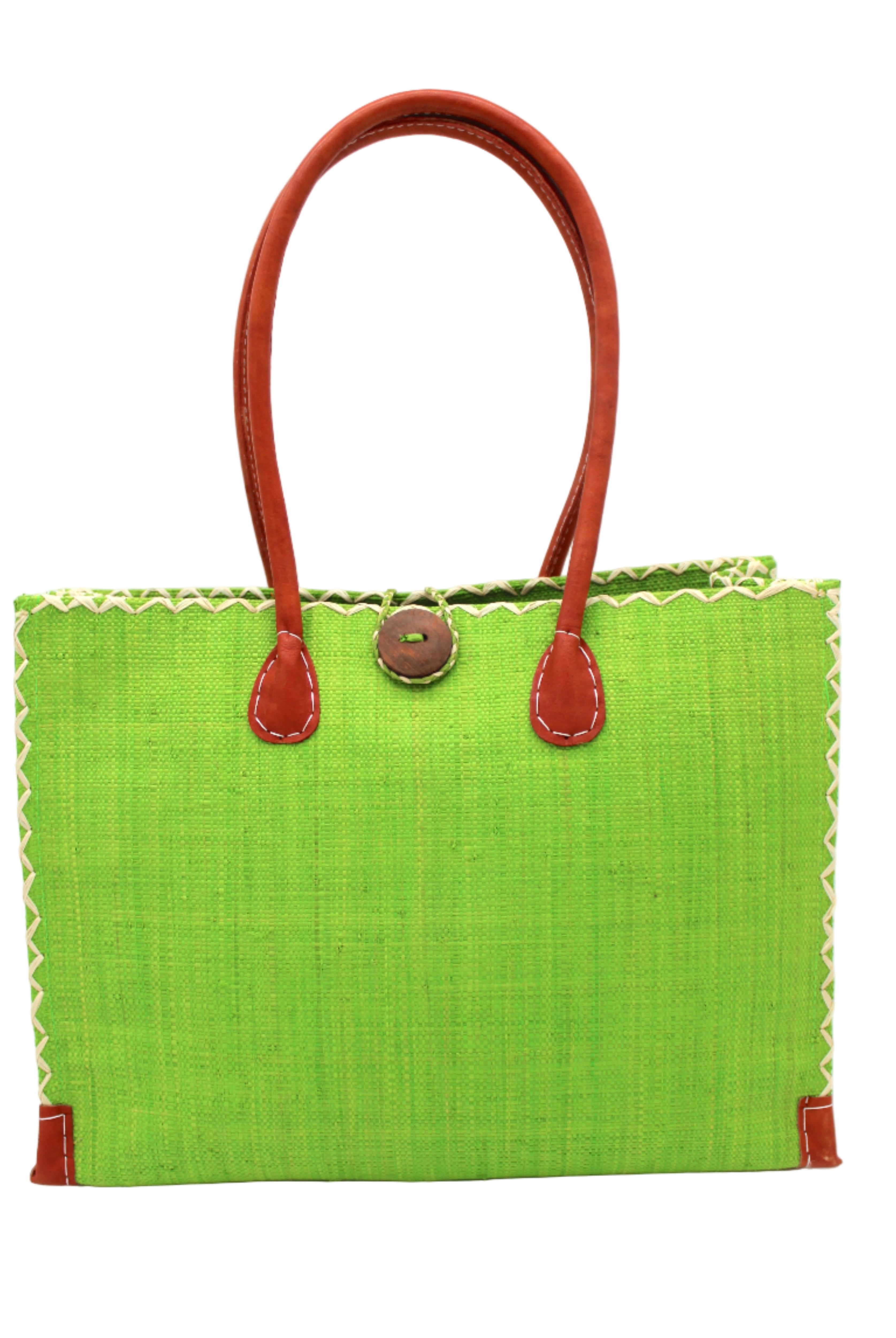 Zafran Straw Beach Bag with Plastic Liner handmade loomed raffia in a solid hue of Midori lime/bright/neon/green with contrasting natural straw color cross stitch edge binding, wood button closure, and leather handles & feet plus assorted print plastic lining - Shebobo