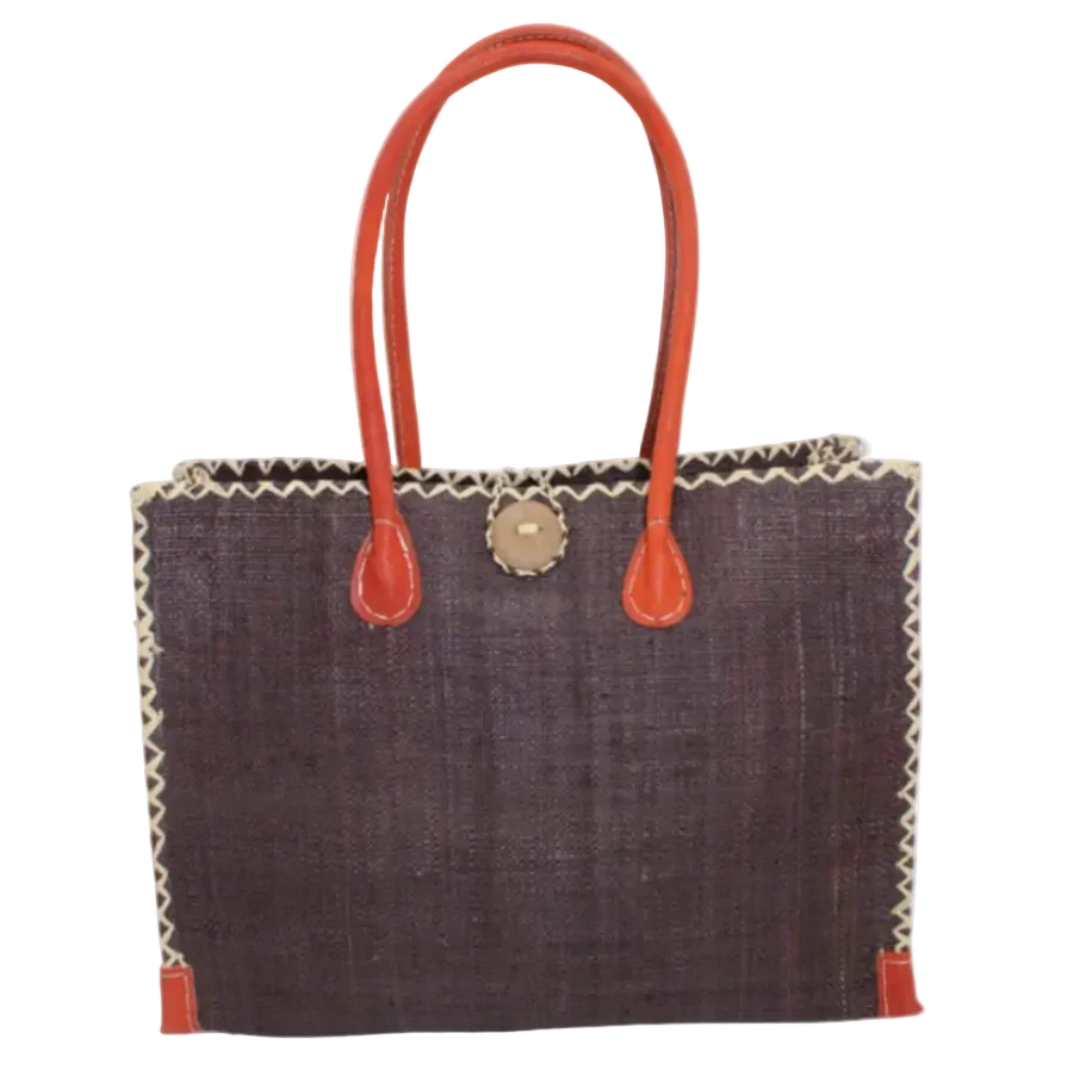 Zafran Straw Beach Bag with Plastic Liner handmade loomed raffia in a solid hue of Mocha dark/chocolate/brown with contrasting natural straw color cross stitch edge binding, wood button closure, and leather handles & feet plus assorted print plastic lining - Shebobo