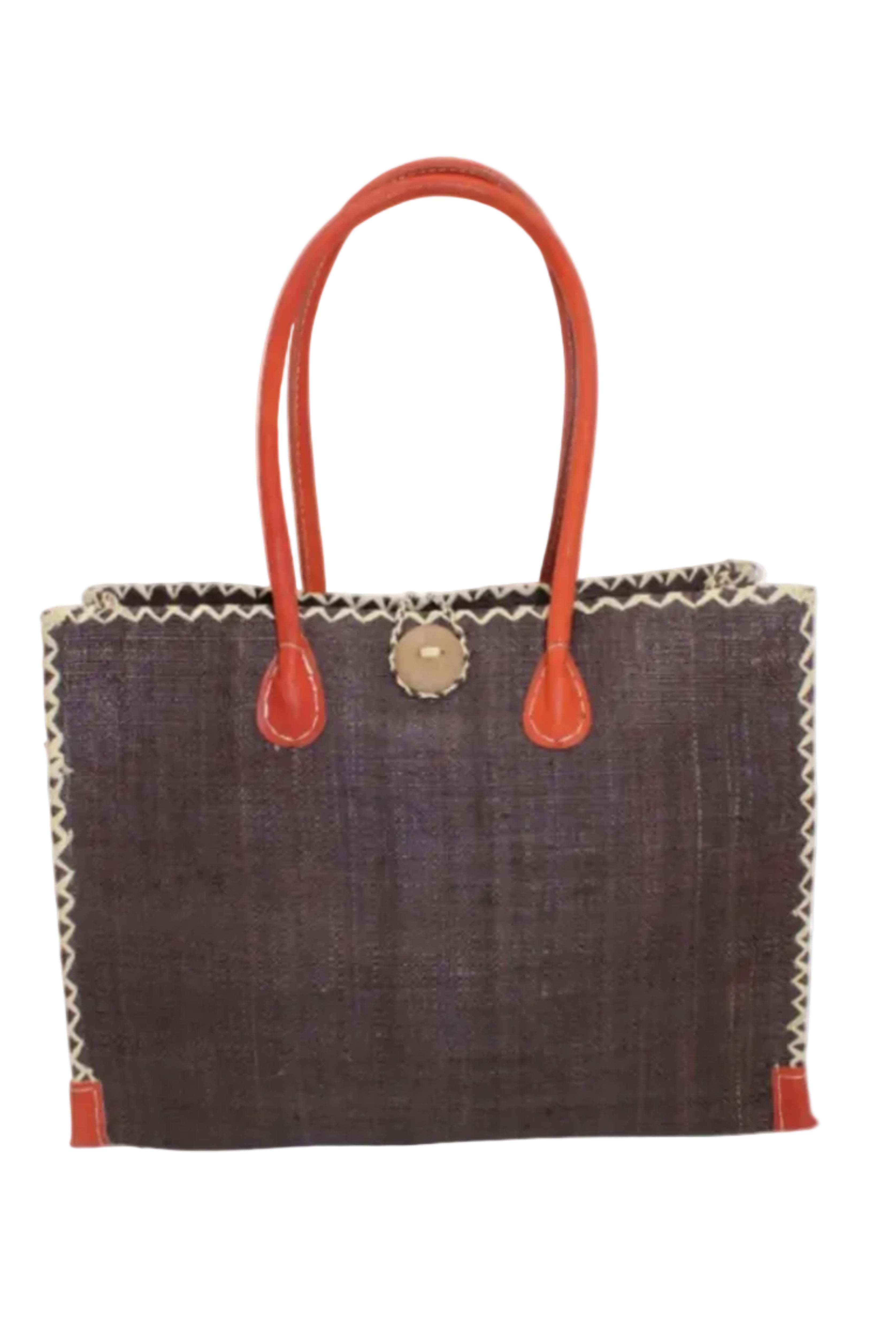 Zafran Straw Beach Bag with Plastic Liner handmade loomed raffia in a solid hue of Mocha dark/chocolate/brown with contrasting natural straw color cross stitch edge binding, wood button closure, and leather handles & feet plus assorted print plastic lining - Shebobo