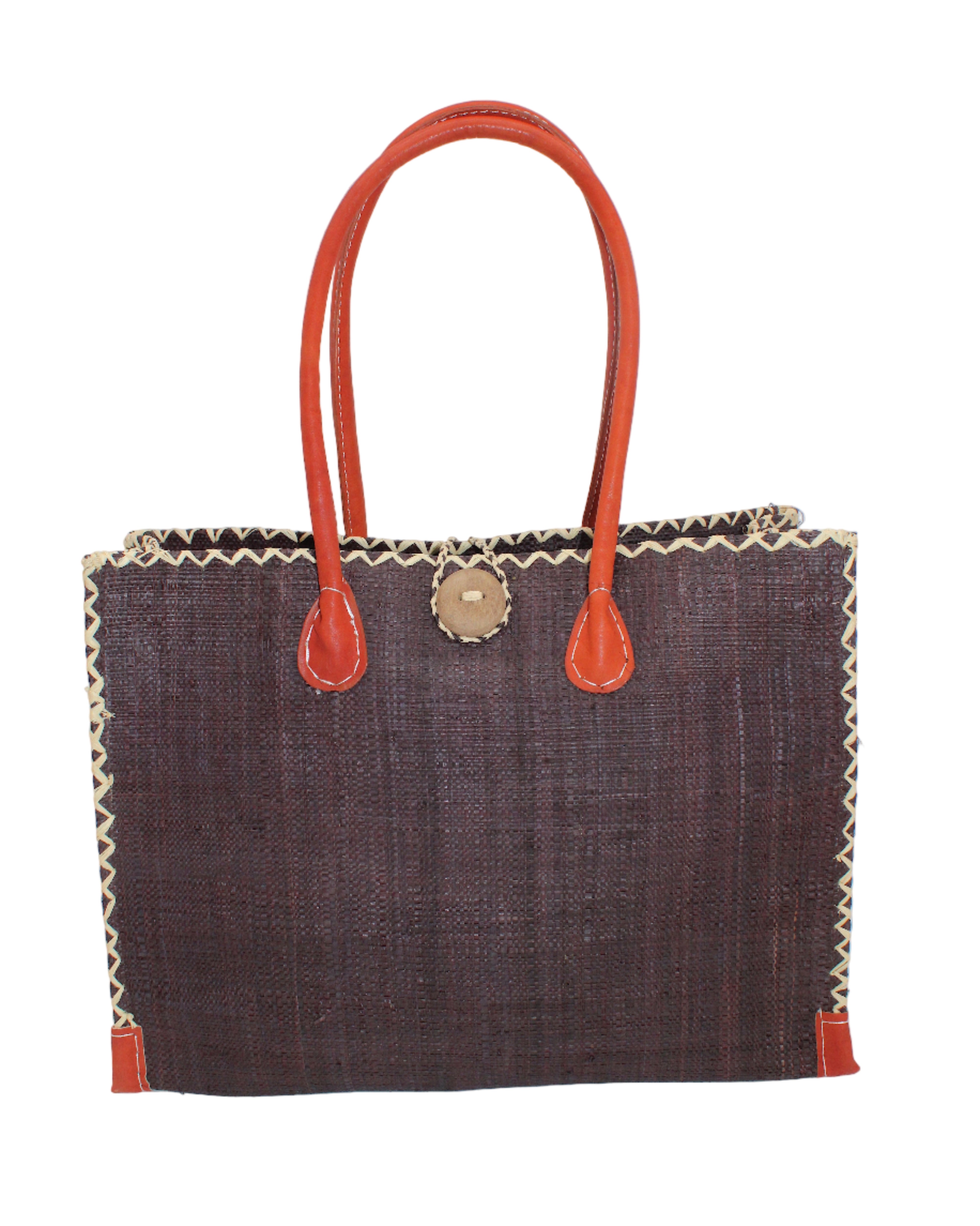 Zafran Straw Beach Bag with Plastic Liner handmade loomed raffia in a solid hue of Mocha dark/chocolate/brown with contrasting natural straw color cross stitch edge binding, wood button closure, and leather handles & feet plus assorted print plastic lining - Shebobo