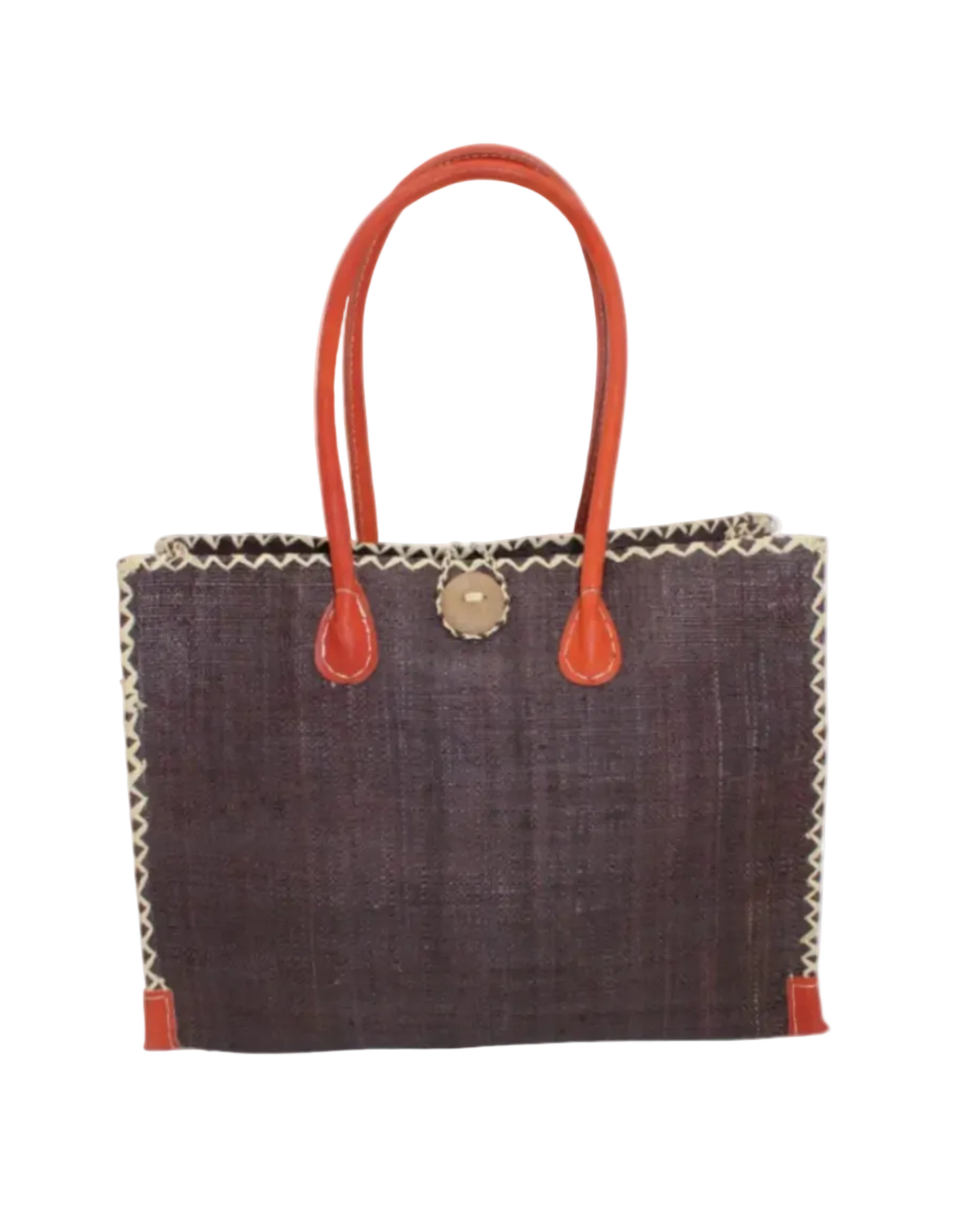 Zafran Straw Beach Bag with Plastic Liner handmade loomed raffia in a solid hue of Mocha dark/chocolate/brown with contrasting natural straw color cross stitch edge binding, wood button closure, and leather handles & feet plus assorted print plastic lining - Shebobo