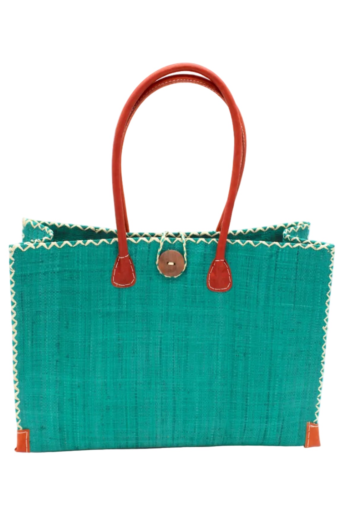 Zafran Straw Beach Bag with Plastic Liner handmade loomed raffia in a solid hue of Teal dark/blue/green with contrasting natural straw color cross stitch edge binding, wood button closure, and leather handles & feet plus assorted print plastic lining - Shebobo