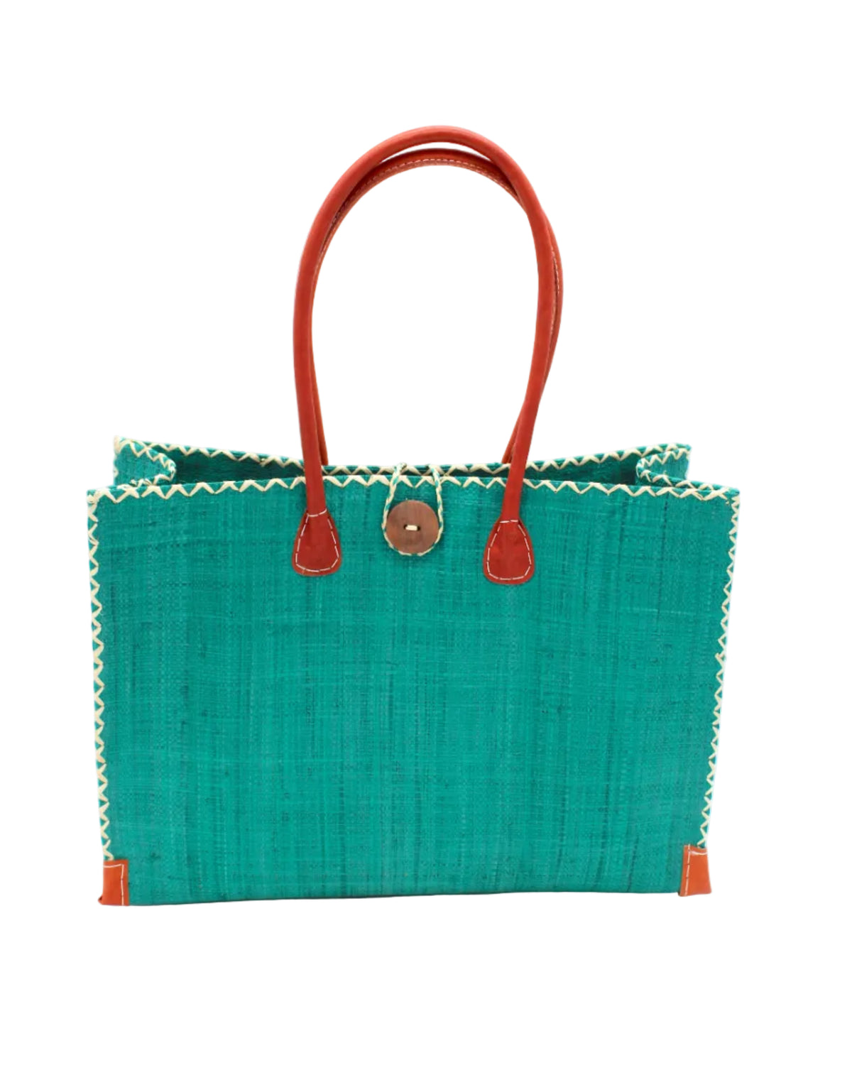 Zafran Straw Beach Bag with Plastic Liner handmade loomed raffia in a solid hue of Teal dark/blue/green with contrasting natural straw color cross stitch edge binding, wood button closure, and leather handles & feet plus assorted print plastic lining - Shebobo