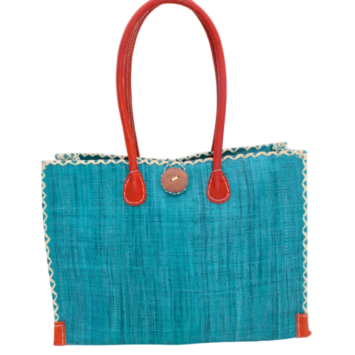 Zafran Straw Beach Bag with Plastic Liner handmade loomed raffia in a solid hue of Turquoise blue/green with contrasting natural straw color cross stitch edge binding, wood button closure, and leather handles & feet plus assorted print plastic lining - Shebobo