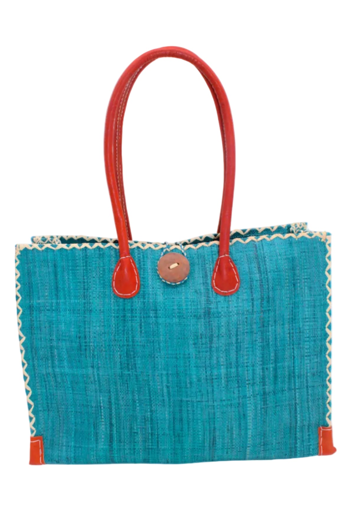 Zafran Straw Beach Bag with Plastic Liner handmade loomed raffia in a solid hue of Turquoise blue/green with contrasting natural straw color cross stitch edge binding, wood button closure, and leather handles & feet plus assorted print plastic lining - Shebobo