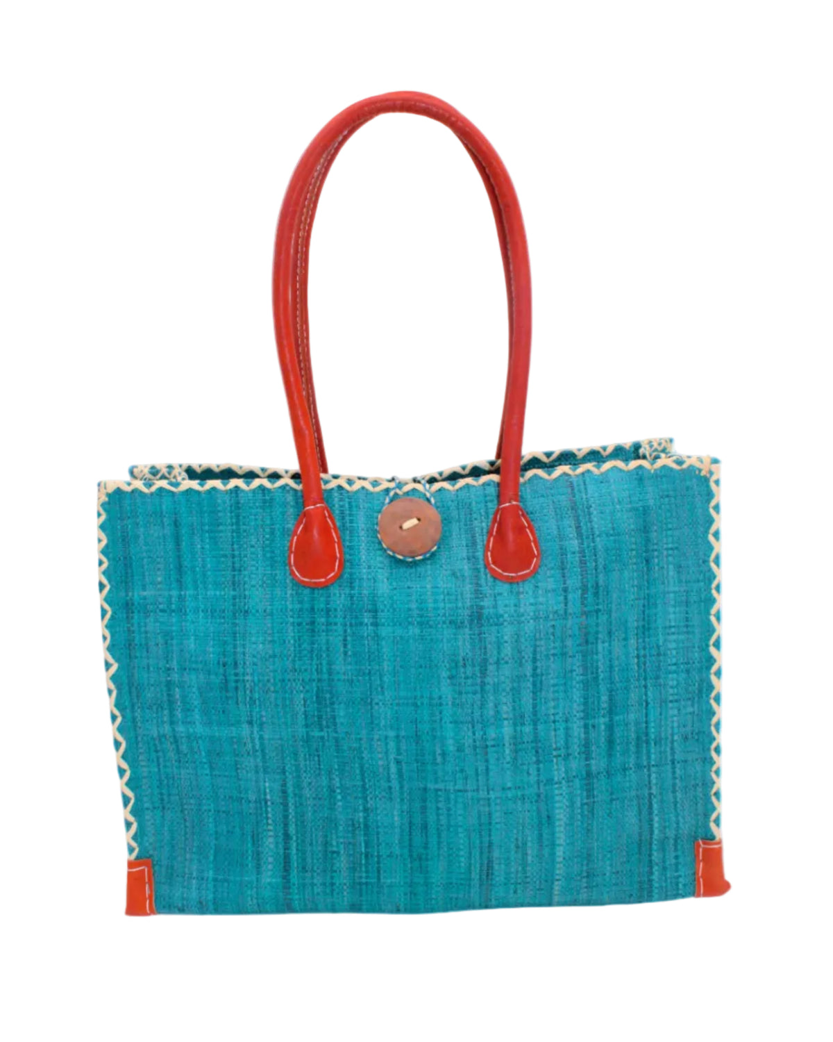 Zafran Straw Beach Bag with Plastic Liner handmade loomed raffia in a solid hue of Turquoise blue/green with contrasting natural straw color cross stitch edge binding, wood button closure, and leather handles & feet plus assorted print plastic lining - Shebobo