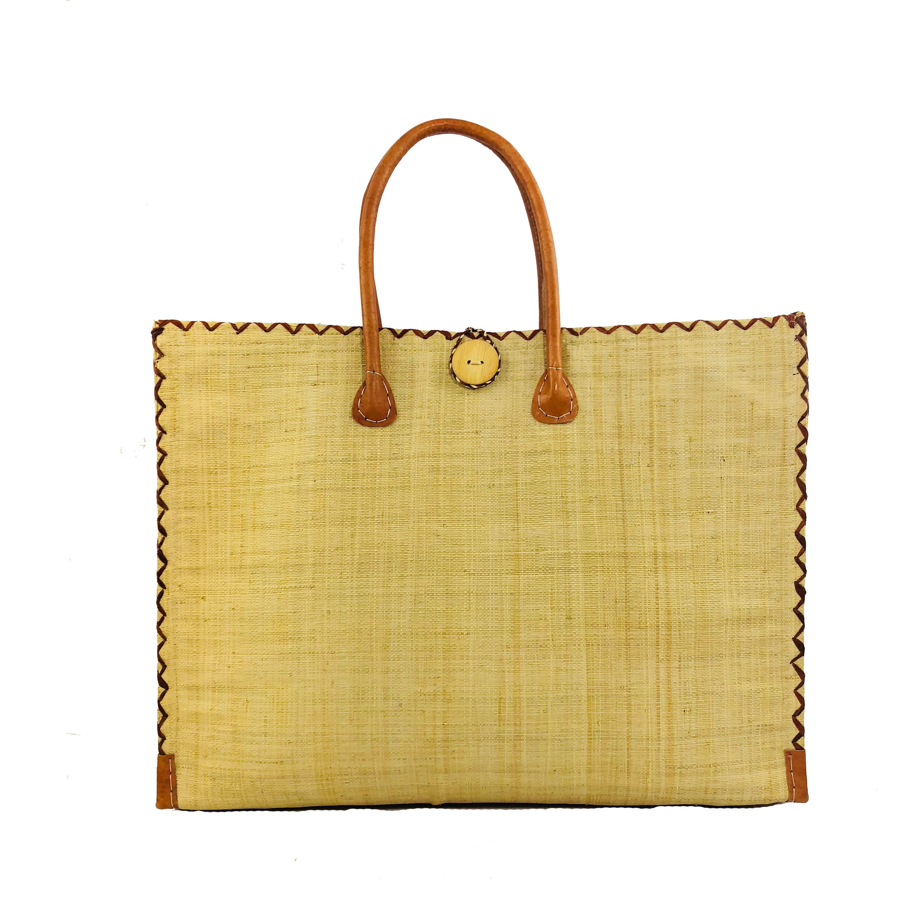 Zafran Straw Beach Bag with Plastic Liner handmade loomed raffia in natural straw color with contrasting cross stitch edge binding, wood button closure, and leather handles & feet plus assorted print plastic lining - Shebobo