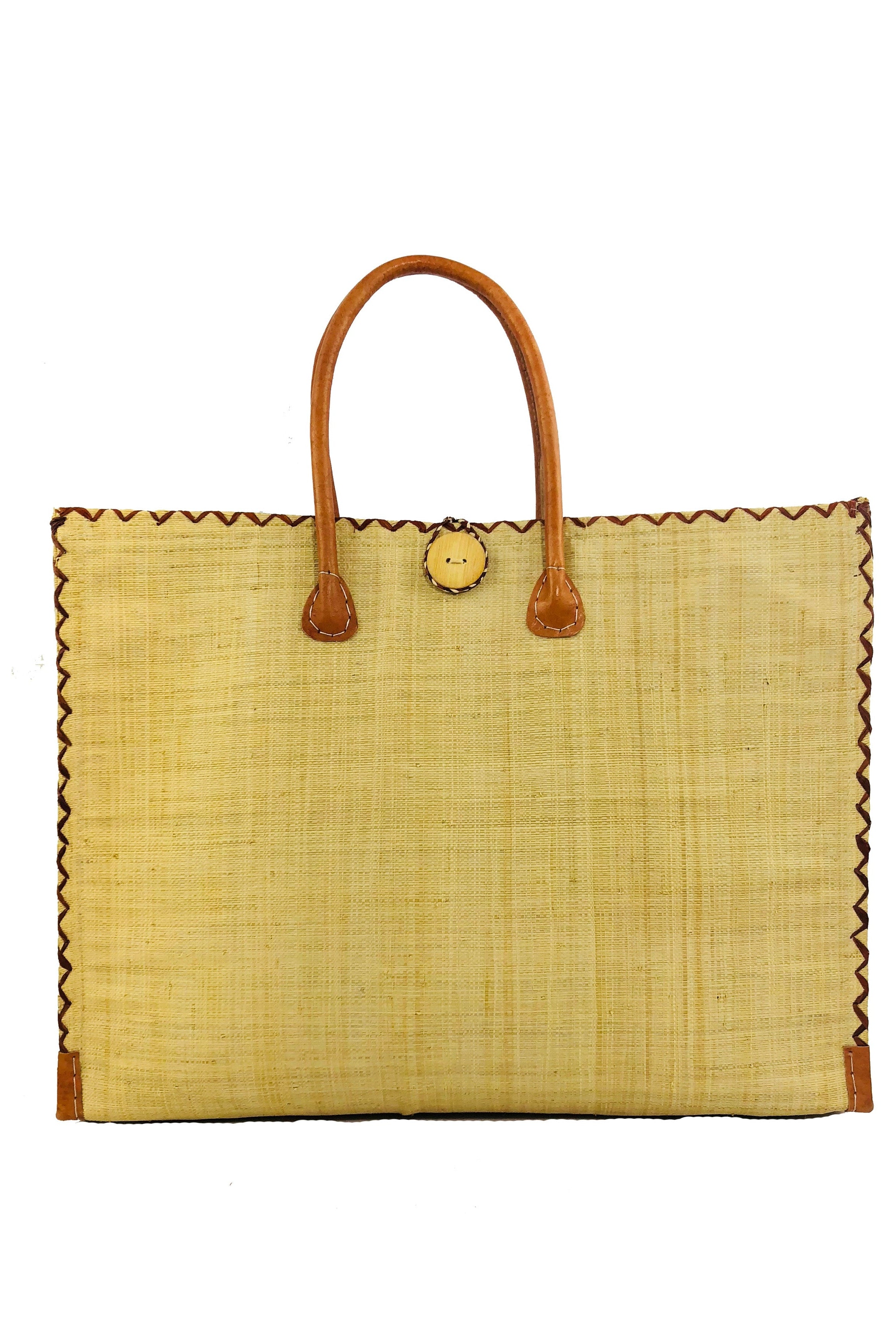 Zafran Straw Beach Bag with Plastic Liner handmade loomed raffia in natural straw color with contrasting cross stitch edge binding, wood button closure, and leather handles & feet plus assorted print plastic lining - Shebobo