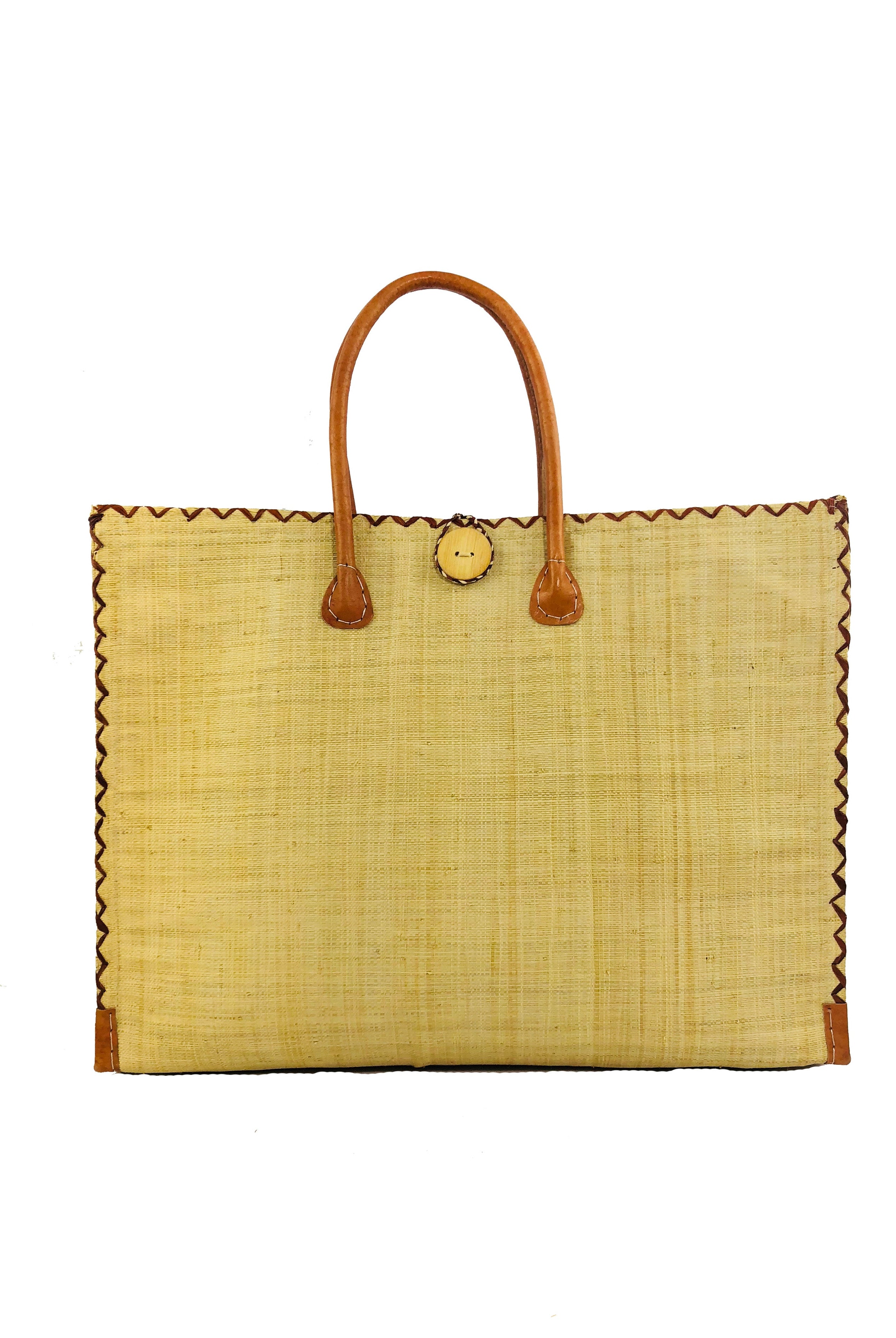 Zafran Straw Beach Bag with Plastic Liner handmade loomed raffia in natural straw color with contrasting cross stitch edge binding, wood button closure, and leather handles & feet plus assorted print plastic lining - Shebobo