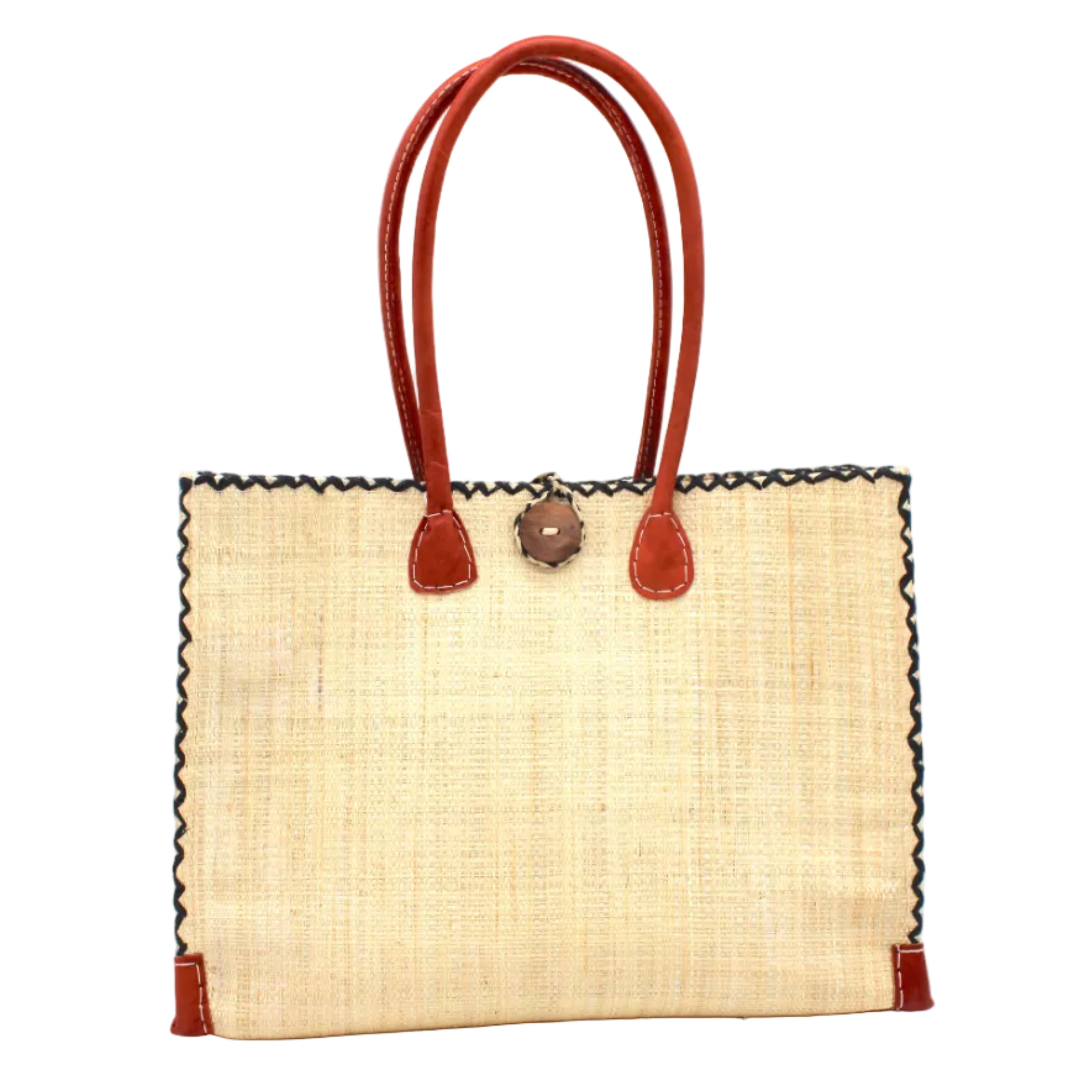 Zafran Straw Beach Bag with Plastic Liner handmade loomed raffia in natural straw color with contrasting cross stitch edge binding, wood button closure, and leather handles & feet plus assorted print plastic lining - Shebobo