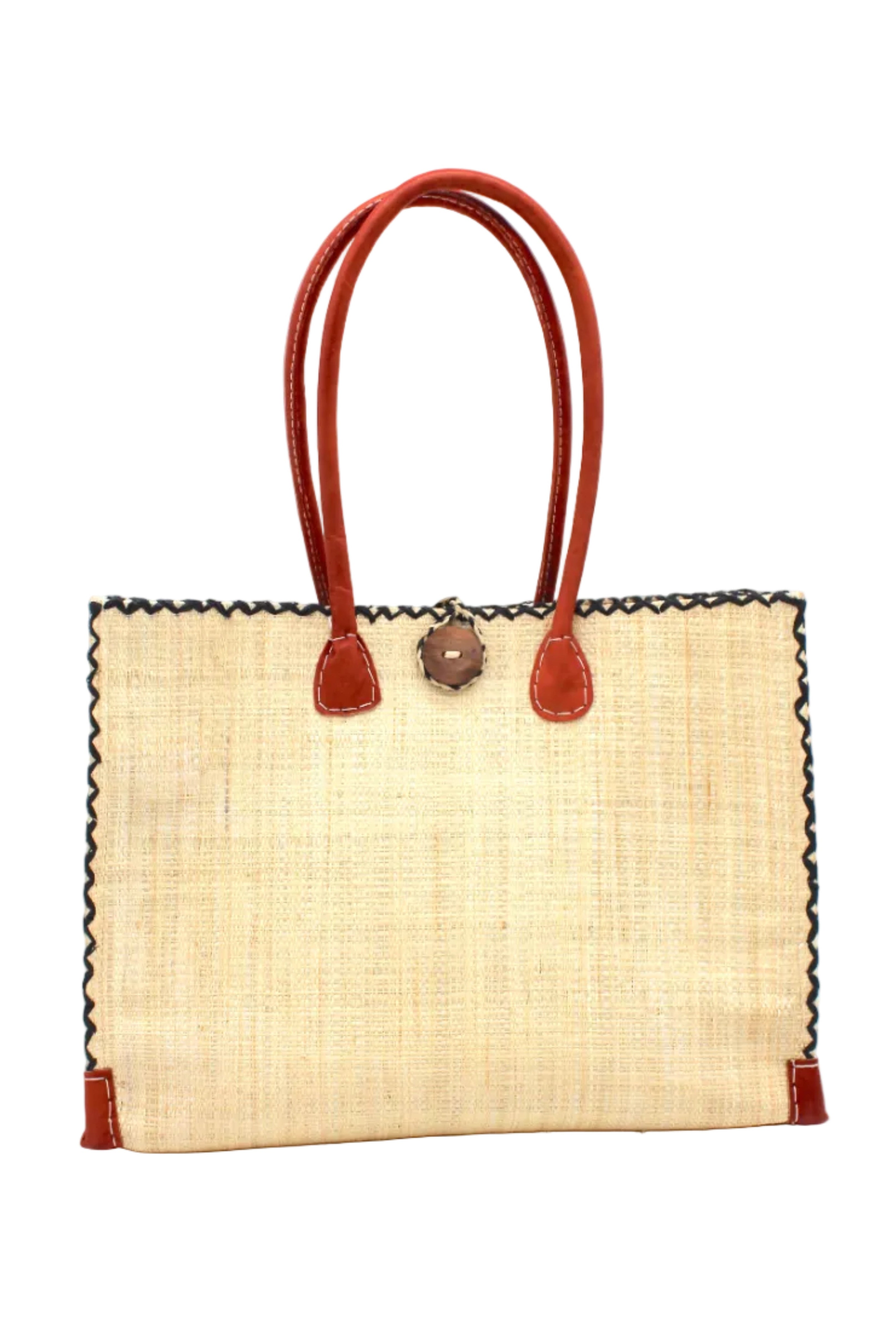 Zafran Straw Beach Bag with Plastic Liner handmade loomed raffia in natural straw color with contrasting cross stitch edge binding, wood button closure, and leather handles & feet plus assorted print plastic lining - Shebobo