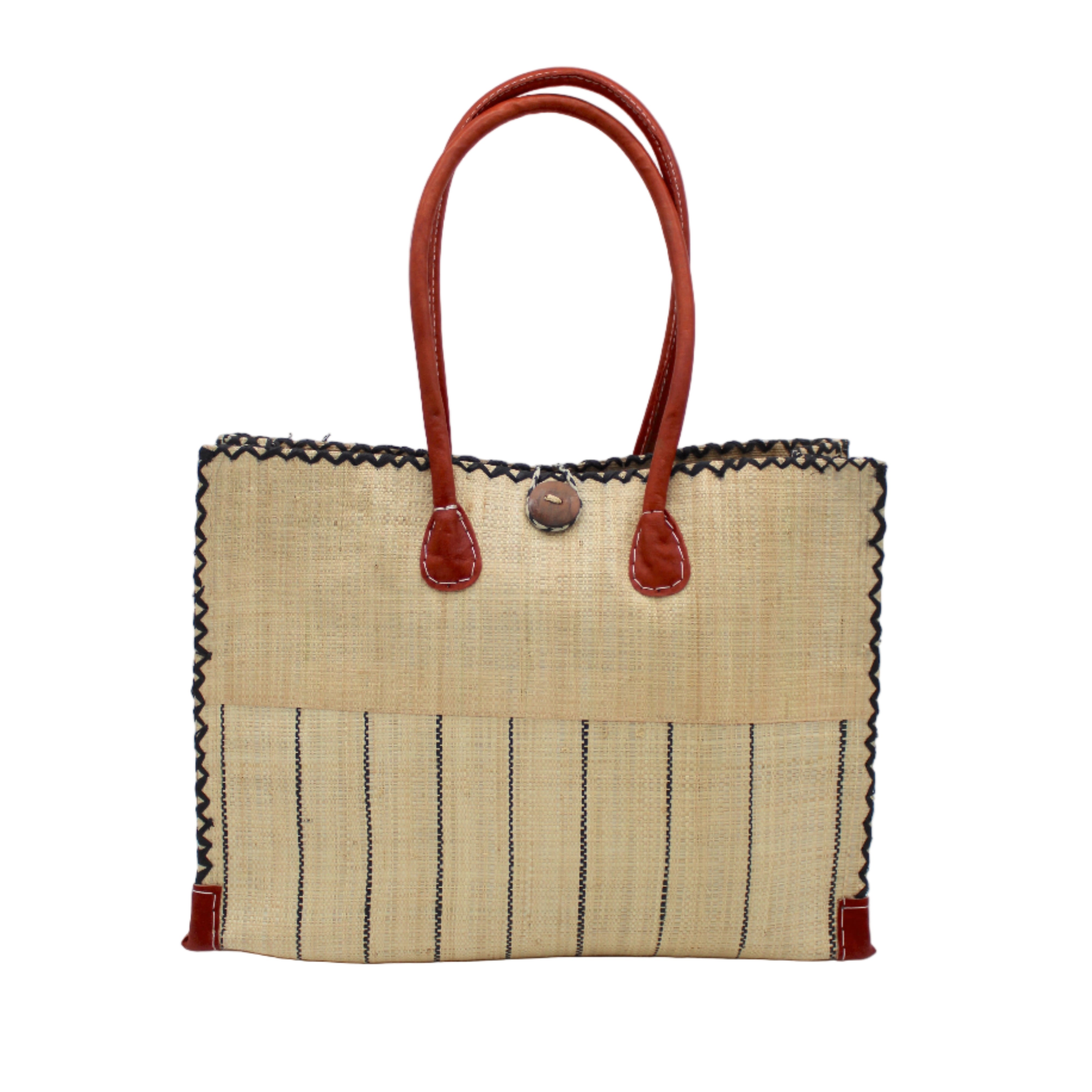 Zafran Two Tone Wide Stripe Natural Pinstripe Straw Beach Bag handmade loomed raffia palm fiber in a solid hue of natural straw color on the top half of the bag and a multicolor multi-width vertical pinstripe stripe pattern with thin bands of black with wide bands of natural on the bottom half of the bag with leather handles and feet and matching crosshatch stitch edging shoulder bag - Shebobo