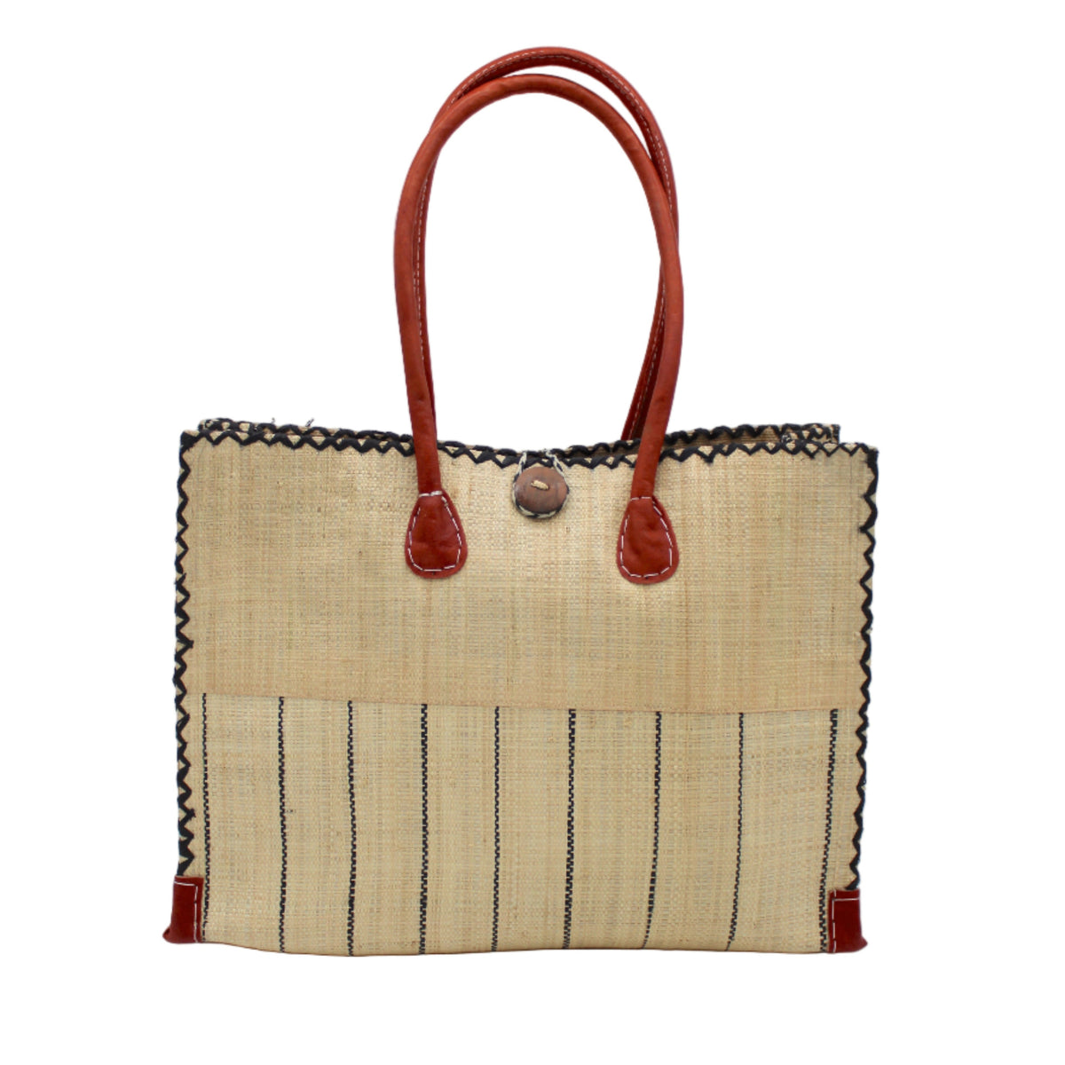 Zafran Two Tone Wide Stripe Natural Pinstripe Straw Beach Bag handmade loomed raffia palm fiber in a solid hue of natural straw color on the top half of the bag and a multicolor multi-width vertical pinstripe stripe pattern with thin bands of black with wide bands of natural on the bottom half of the bag with leather handles and feet and matching crosshatch stitch edging shoulder bag - Shebobo