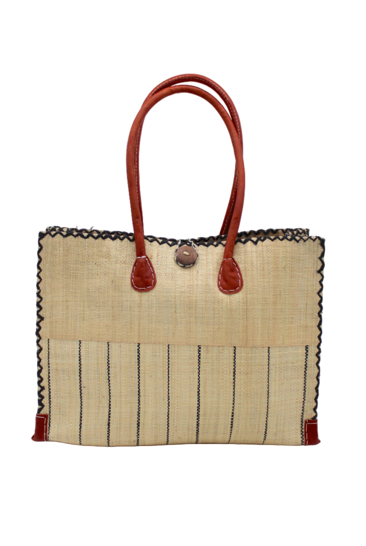 Zafran Two Tone Wide Stripe Natural Pinstripe Straw Beach Bag handmade loomed raffia palm fiber in a solid hue of natural straw color on the top half of the bag and a multicolor multi-width vertical pinstripe stripe pattern with thin bands of black with wide bands of natural on the bottom half of the bag with leather handles and feet and matching crosshatch stitch edging shoulder bag - Shebobo