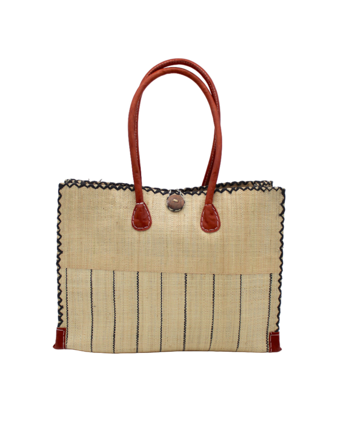 Zafran Two Tone Wide Stripe Natural Pinstripe Straw Beach Bag handmade loomed raffia palm fiber in a solid hue of natural straw color on the top half of the bag and a multicolor multi-width vertical pinstripe stripe pattern with thin bands of black with wide bands of natural on the bottom half of the bag with leather handles and feet and matching crosshatch stitch edging shoulder bag - Shebobo