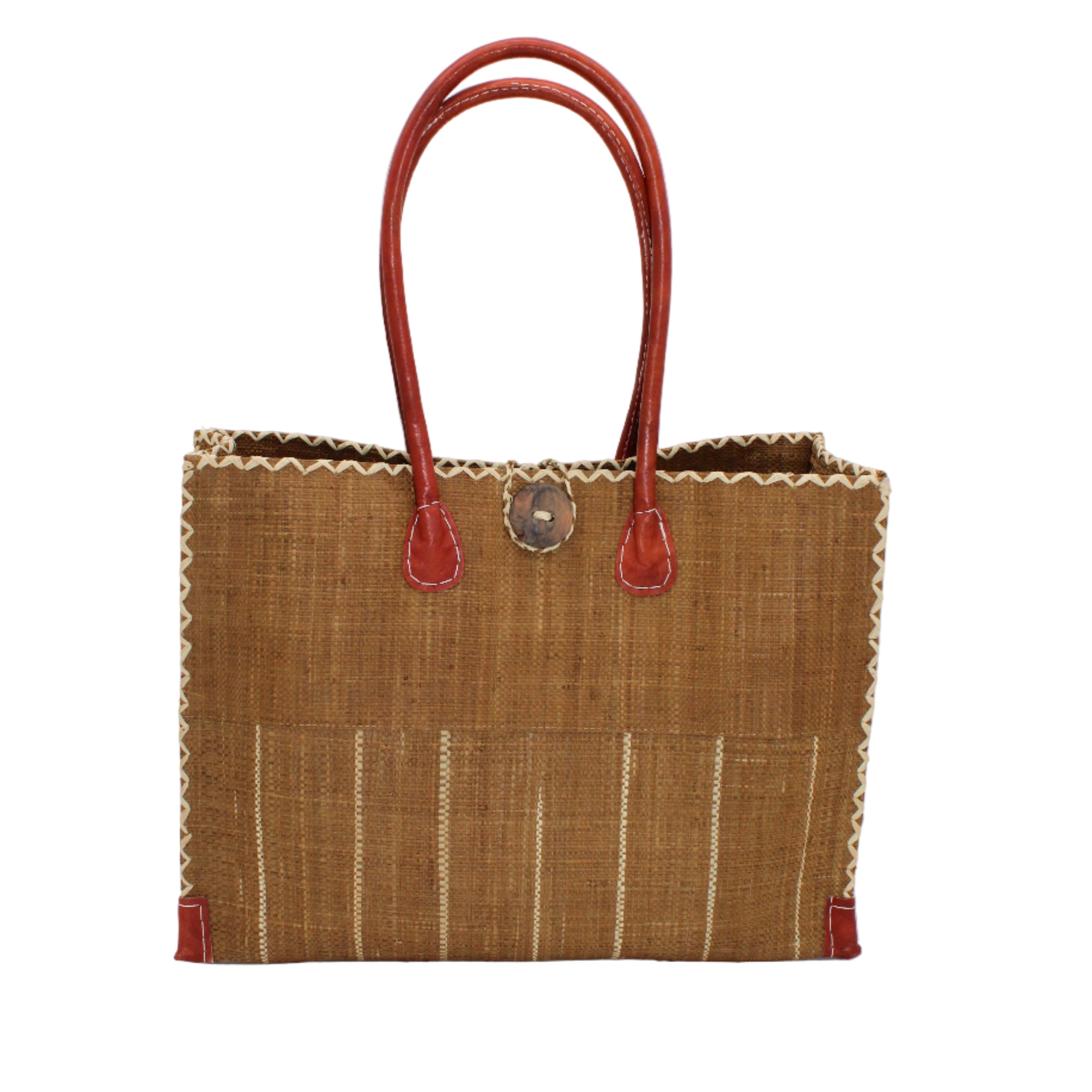 Zafran Two Tone Wide Stripe Tobacco Pinstripe Straw Beach Bag handmade loomed raffia palm fiber in a solid hue of tobacco cinnamon/dark/brown on the top half of the bag and a multicolor multi-width vertical pinstripe stripe pattern with thin bands of natural straw color with wide bands of tobacco on the bottom half of the bag with leather handles and feet and matching crosshatch stitch edging shoulder bag - Shebobo