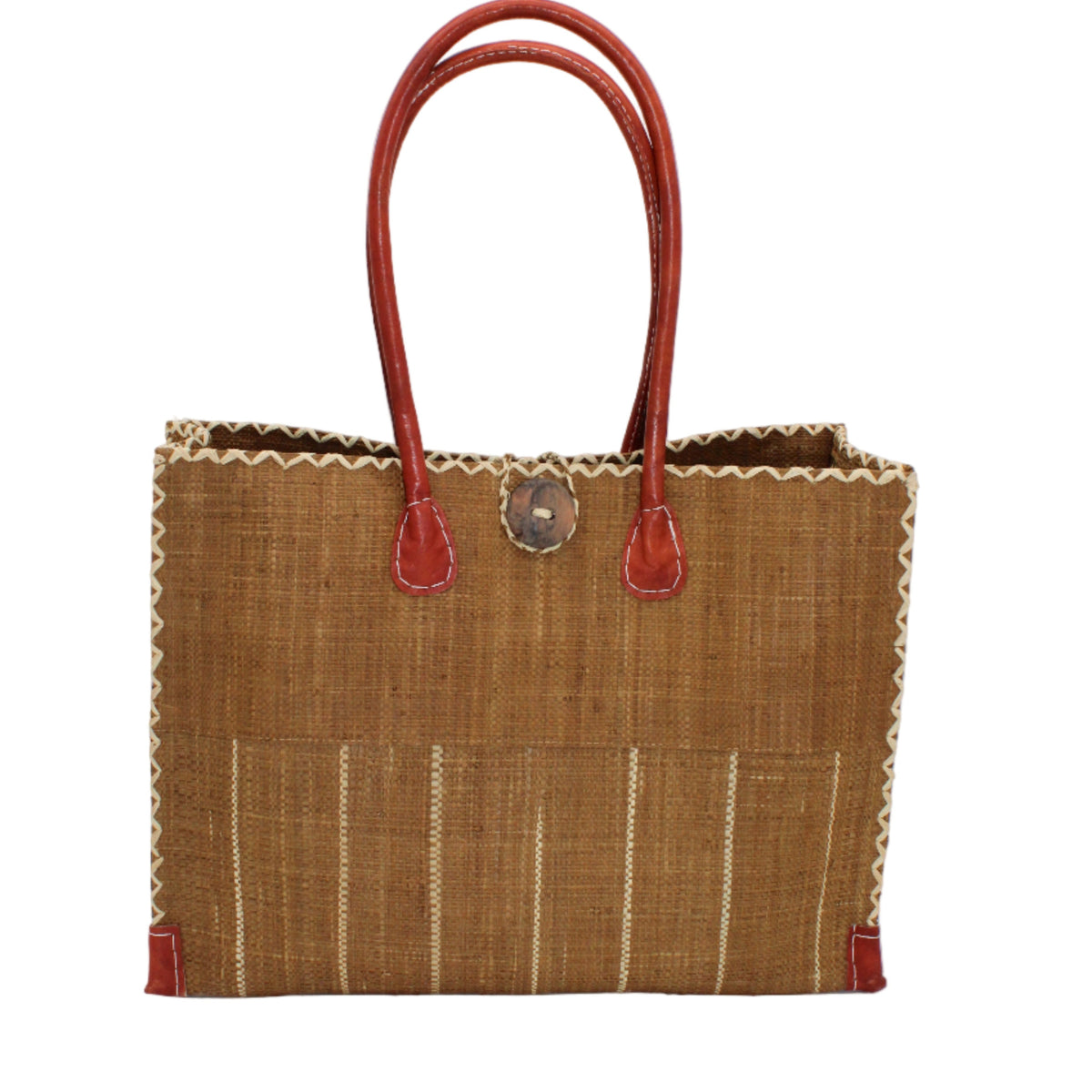 Zafran Two Tone Wide Stripe Tobacco Pinstripe Straw Beach Bag handmade loomed raffia palm fiber in a solid hue of tobacco cinnamon/dark/brown on the top half of the bag and a multicolor multi-width vertical pinstripe stripe pattern with thin bands of natural straw color with wide bands of tobacco on the bottom half of the bag with leather handles and feet and matching crosshatch stitch edging shoulder bag - Shebobo