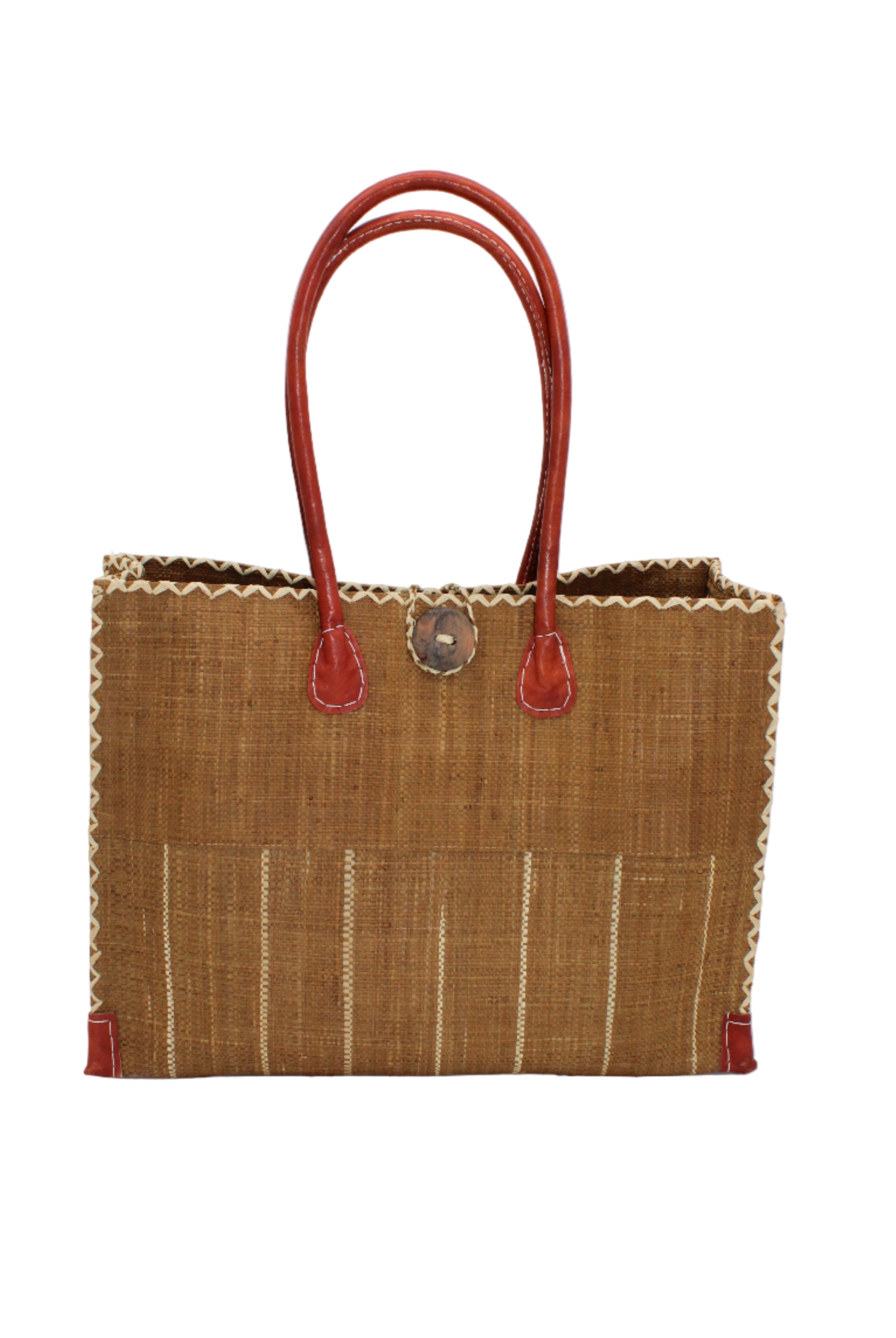 Zafran Two Tone Wide Stripe Tobacco Pinstripe Straw Beach Bag handmade loomed raffia palm fiber in a solid hue of tobacco cinnamon/dark/brown on the top half of the bag and a multicolor multi-width vertical pinstripe stripe pattern with thin bands of natural straw color with wide bands of tobacco on the bottom half of the bag with leather handles and feet and matching crosshatch stitch edging shoulder bag - Shebobo