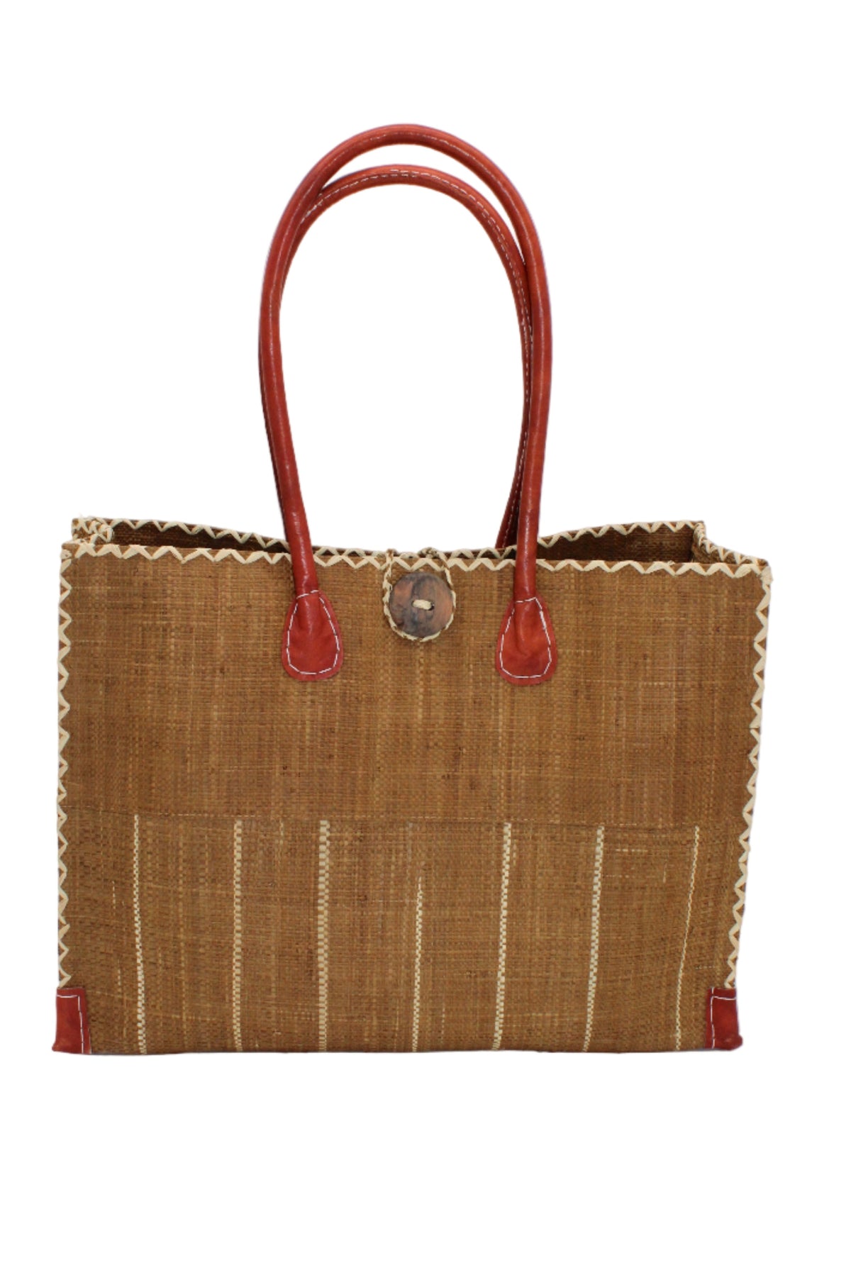 Zafran Two Tone Wide Stripe Tobacco Pinstripe Straw Beach Bag handmade loomed raffia palm fiber in a solid hue of tobacco cinnamon/dark/brown on the top half of the bag and a multicolor multi-width vertical pinstripe stripe pattern with thin bands of natural straw color with wide bands of tobacco on the bottom half of the bag with leather handles and feet and matching crosshatch stitch edging shoulder bag - Shebobo