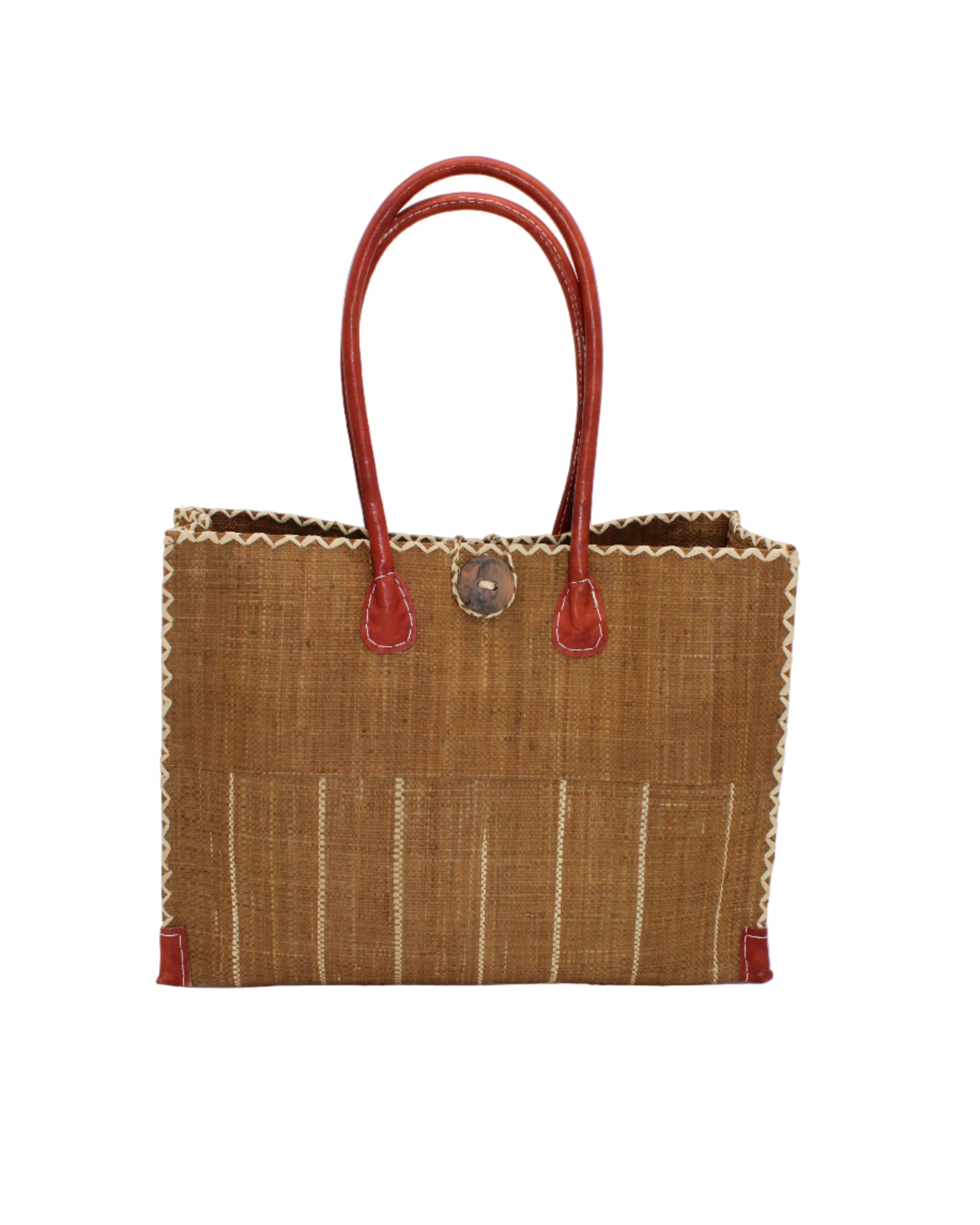 Zafran Two Tone Wide Stripe Tobacco Pinstripe Straw Beach Bag handmade loomed raffia palm fiber in a solid hue of tobacco cinnamon/dark/brown on the top half of the bag and a multicolor multi-width vertical pinstripe stripe pattern with thin bands of natural straw color with wide bands of tobacco on the bottom half of the bag with leather handles and feet and matching crosshatch stitch edging shoulder bag - Shebobo