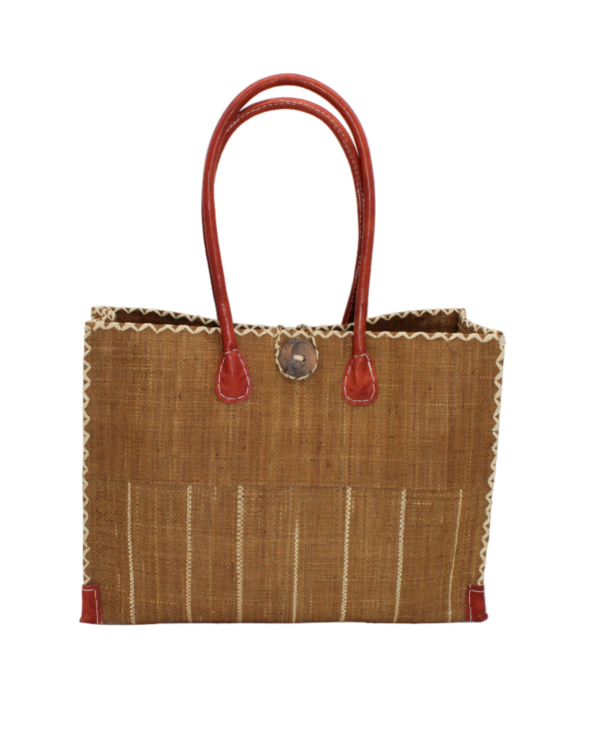 Zafran Two Tone Wide Stripe Tobacco Pinstripe Straw Beach Bag handmade loomed raffia palm fiber in a solid hue of tobacco cinnamon/dark/brown on the top half of the bag and a multicolor multi-width vertical pinstripe stripe pattern with thin bands of natural straw color with wide bands of tobacco on the bottom half of the bag with leather handles and feet and matching crosshatch stitch edging shoulder bag - Shebobo