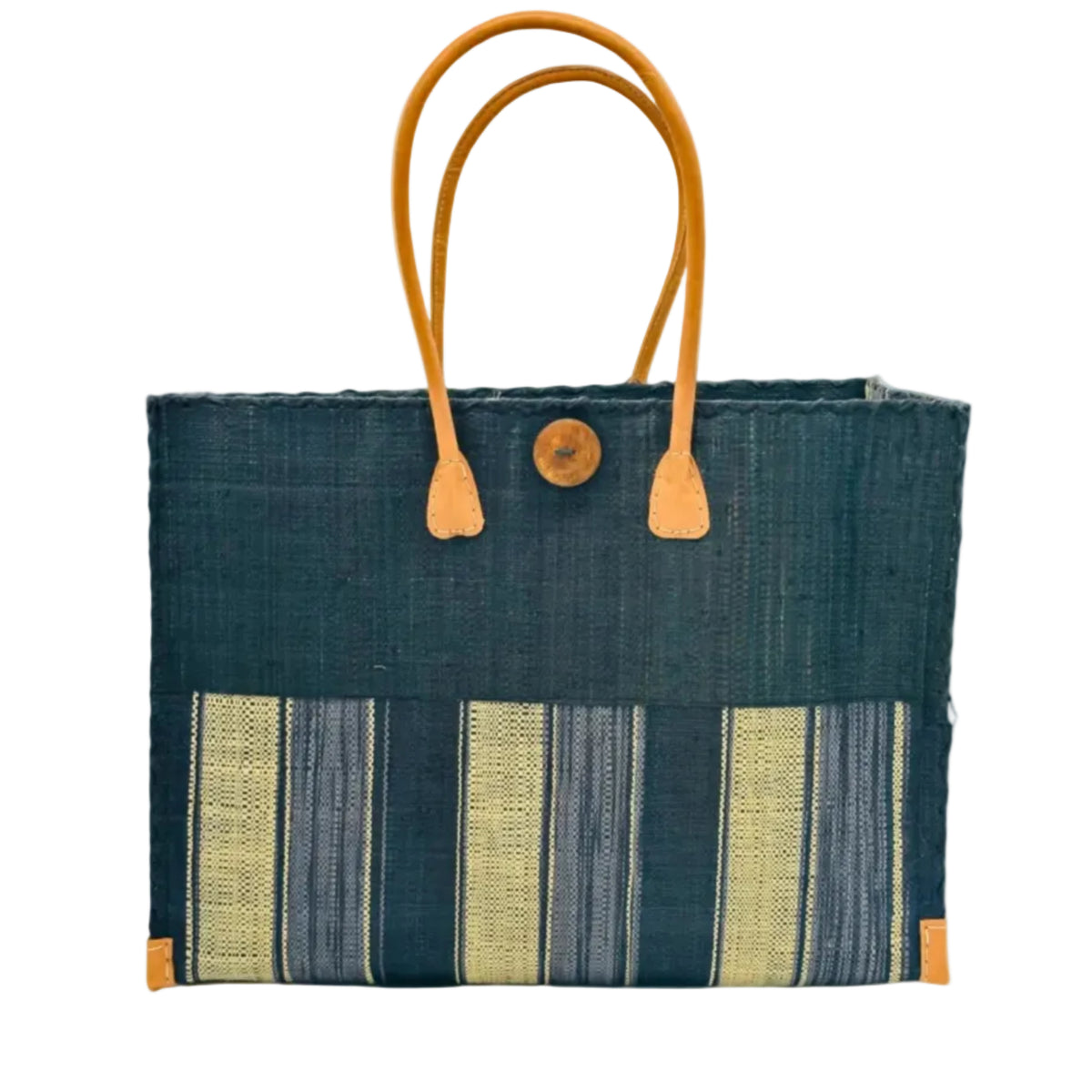 Zafran Two Tone Wide Stripe Black Swirl Straw Beach Bag handmade loomed raffia palm fiber in a solid hue of black on the top half of the bag and a multicolor multi-width vertical stripe pattern of black, grey, and natural straw color on the bottom half of the bag with leather handles and feet and matching crosshatch stitch edging shoulder bag - Shebobo