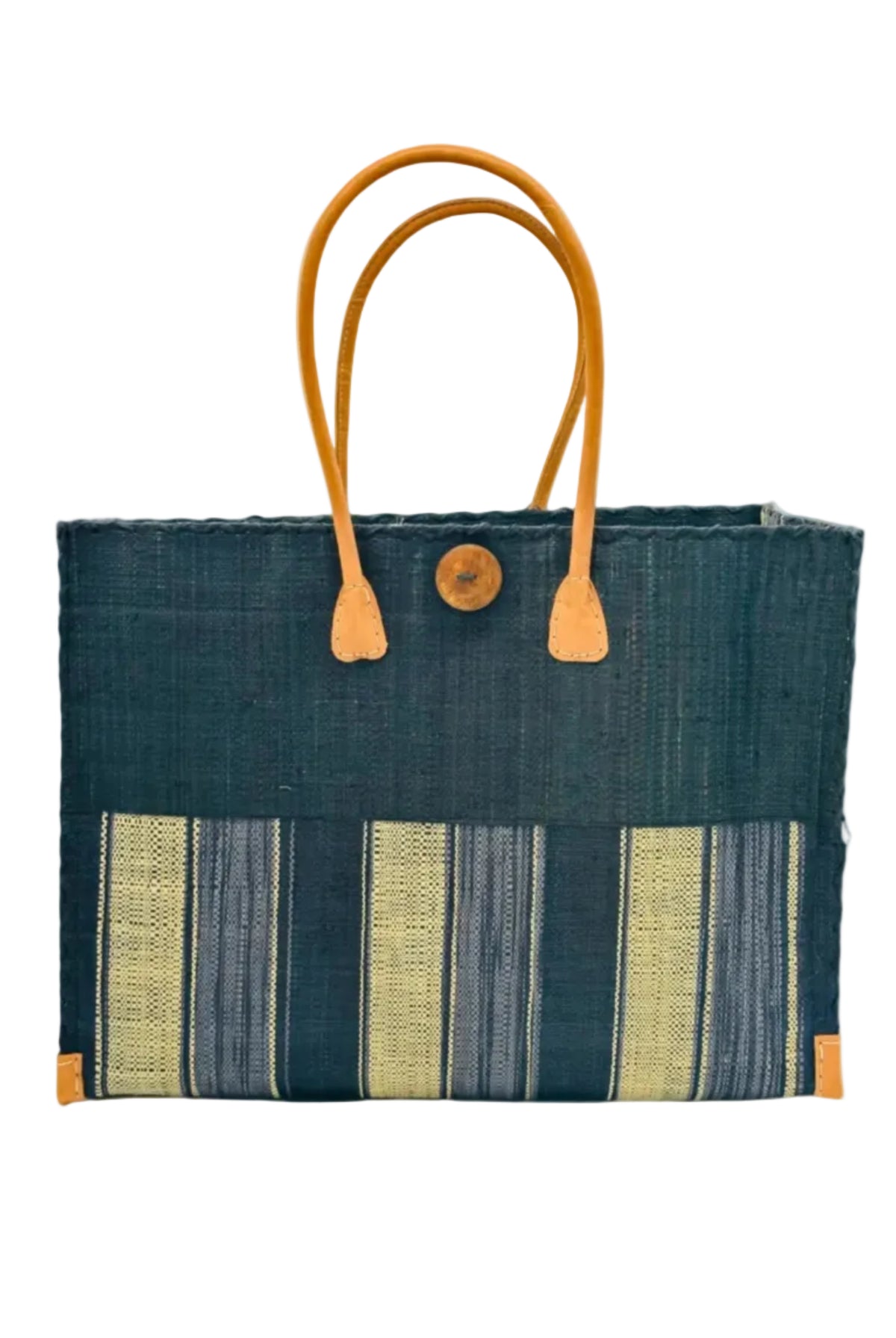 Zafran Two Tone Wide Stripe Black Swirl Straw Beach Bag handmade loomed raffia palm fiber in a solid hue of black on the top half of the bag and a multicolor multi-width vertical stripe pattern of black, grey, and natural straw color on the bottom half of the bag with leather handles and feet and matching crosshatch stitch edging shoulder bag - Shebobo