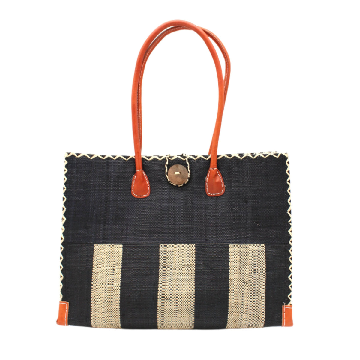 Zafran Two Tone Wide Stripe Black and Natural Straw Beach Bag handmade loomed raffia palm fiber in a solid hue of black on the top half of the bag and a two tone even width vertical wide stripe pattern of black and natural straw color on the bottom half of the bag with leather handles and feet and matching crosshatch stitch edging shoulder bag - Shebobo
