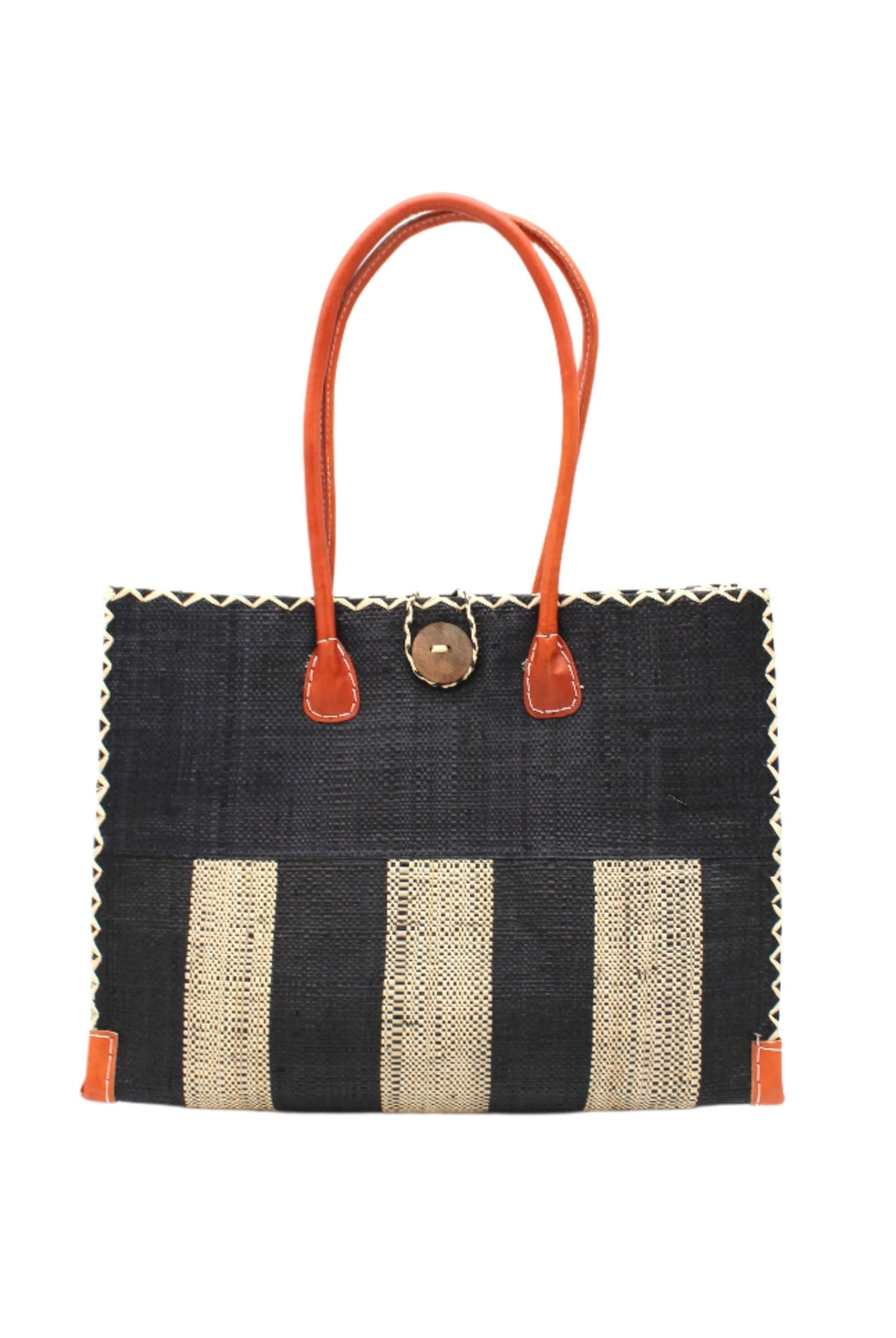 Zafran Two Tone Wide Stripe Black and Natural Straw Beach Bag handmade loomed raffia palm fiber in a solid hue of black on the top half of the bag and a two tone even width vertical wide stripe pattern of black and natural straw color on the bottom half of the bag with leather handles and feet and matching crosshatch stitch edging shoulder bag - Shebobo