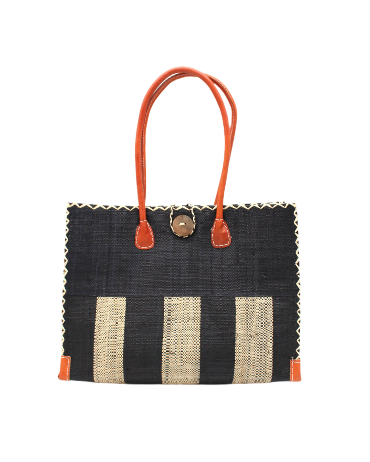 Zafran Two Tone Wide Stripe Black and Natural Straw Beach Bag handmade loomed raffia palm fiber in a solid hue of black on the top half of the bag and a two tone even width vertical wide stripe pattern of black and natural straw color on the bottom half of the bag with leather handles and feet and matching crosshatch stitch edging shoulder bag - Shebobo