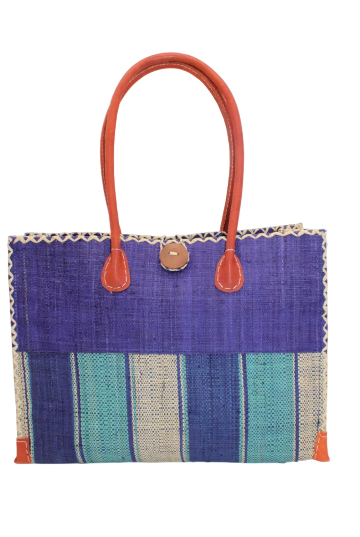 Zafran Two Tone Wide Stripe Blue Swirl Straw Beach Bag handmade loomed raffia palm fiber in a solid hue of dusk/navy/dark blue on the top half of the bag and a multicolor multi-width vertical stripe pattern of blue, turquoise, and natural straw color on the bottom half of the bag with leather handles and feet and matching crosshatch stitch edging shoulder bag - Shebobo