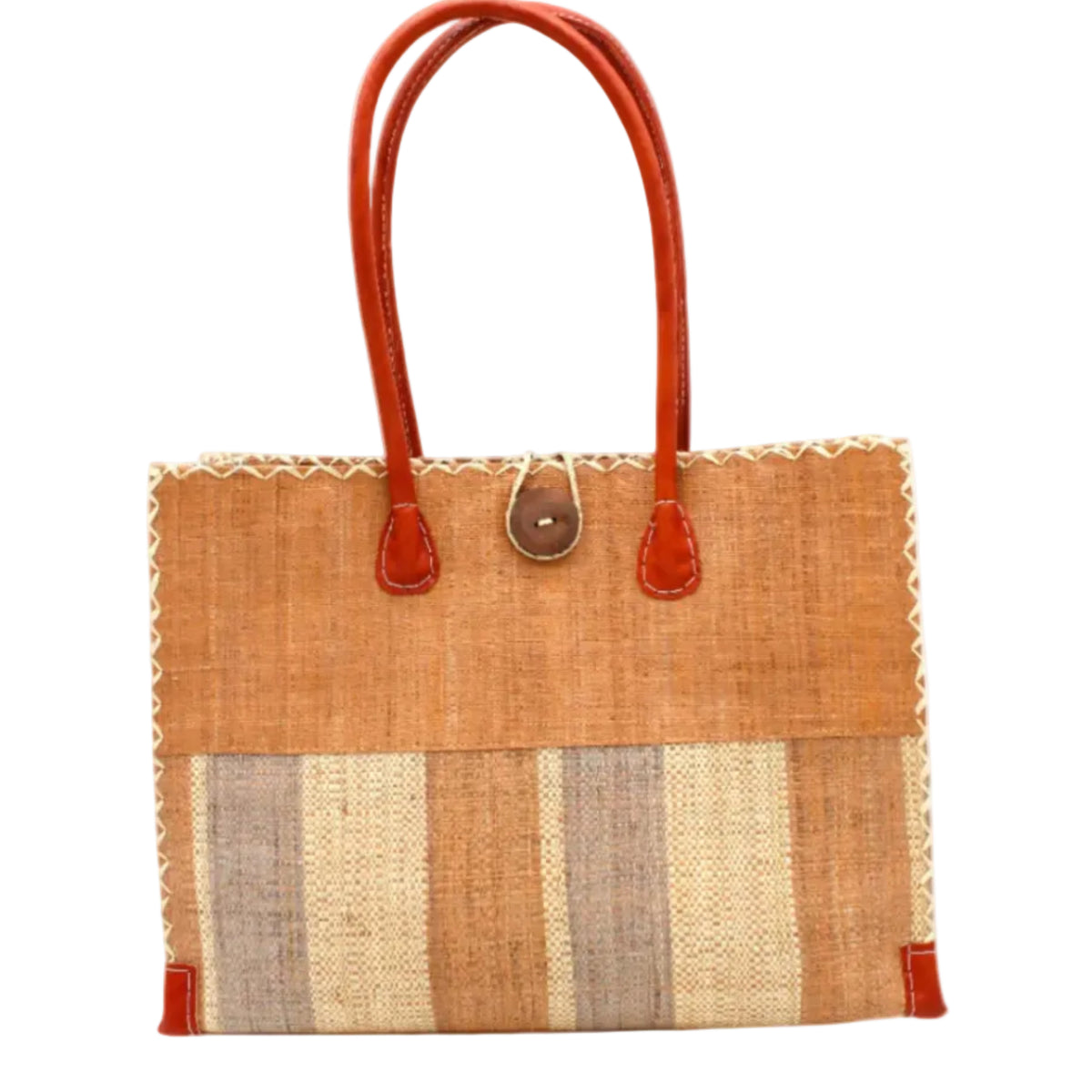 Zafran Two Tone Wide Stripe Blush Swirl Straw Beach Bag handmade loomed raffia palm fiber in a solid hue of blush orange/pink on the top half of the bag and a multicolor multi-width vertical stripe pattern of blush, grey, and natural straw color on the bottom half of the bag with leather handles and feet and matching crosshatch stitch edging shoulder bag - Shebobo