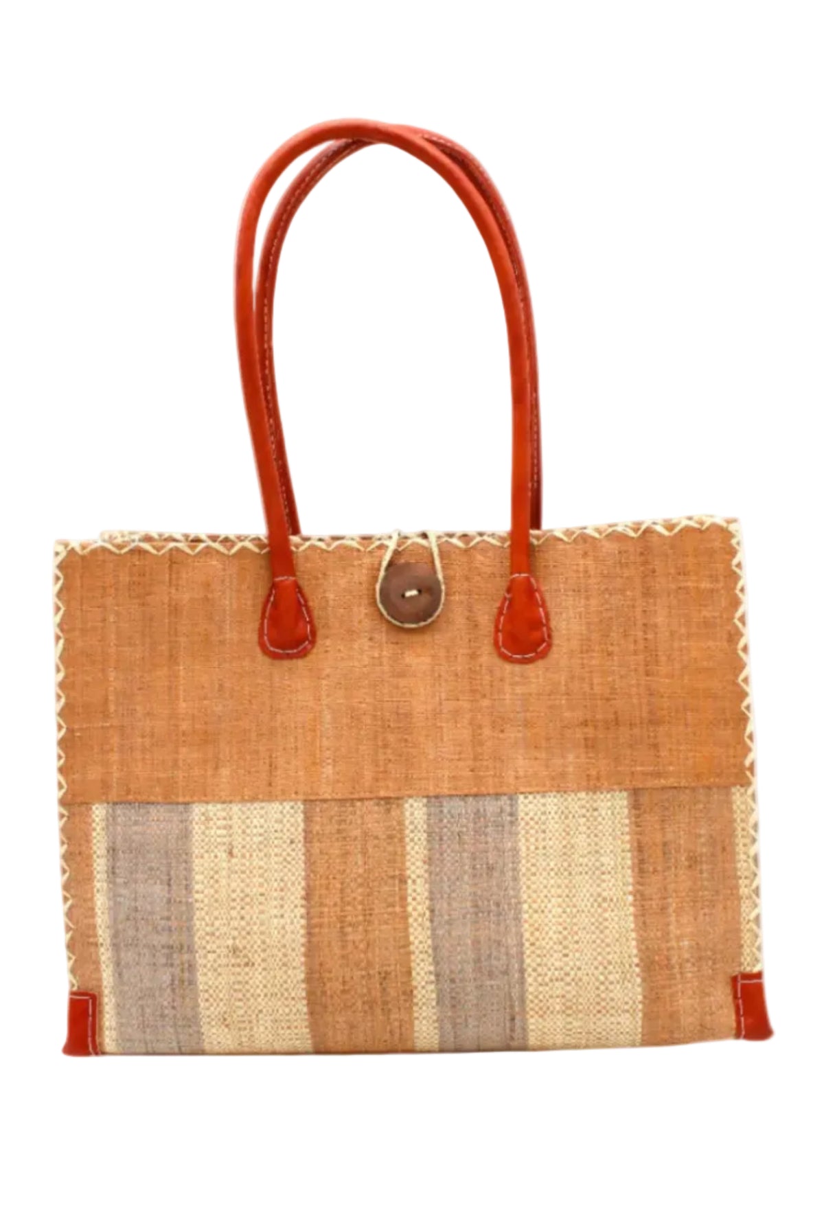 Zafran Two Tone Wide Stripe Blush Swirl Straw Beach Bag handmade loomed raffia palm fiber in a solid hue of blush orange/pink on the top half of the bag and a multicolor multi-width vertical stripe pattern of blush, grey, and natural straw color on the bottom half of the bag with leather handles and feet and matching crosshatch stitch edging shoulder bag - Shebobo