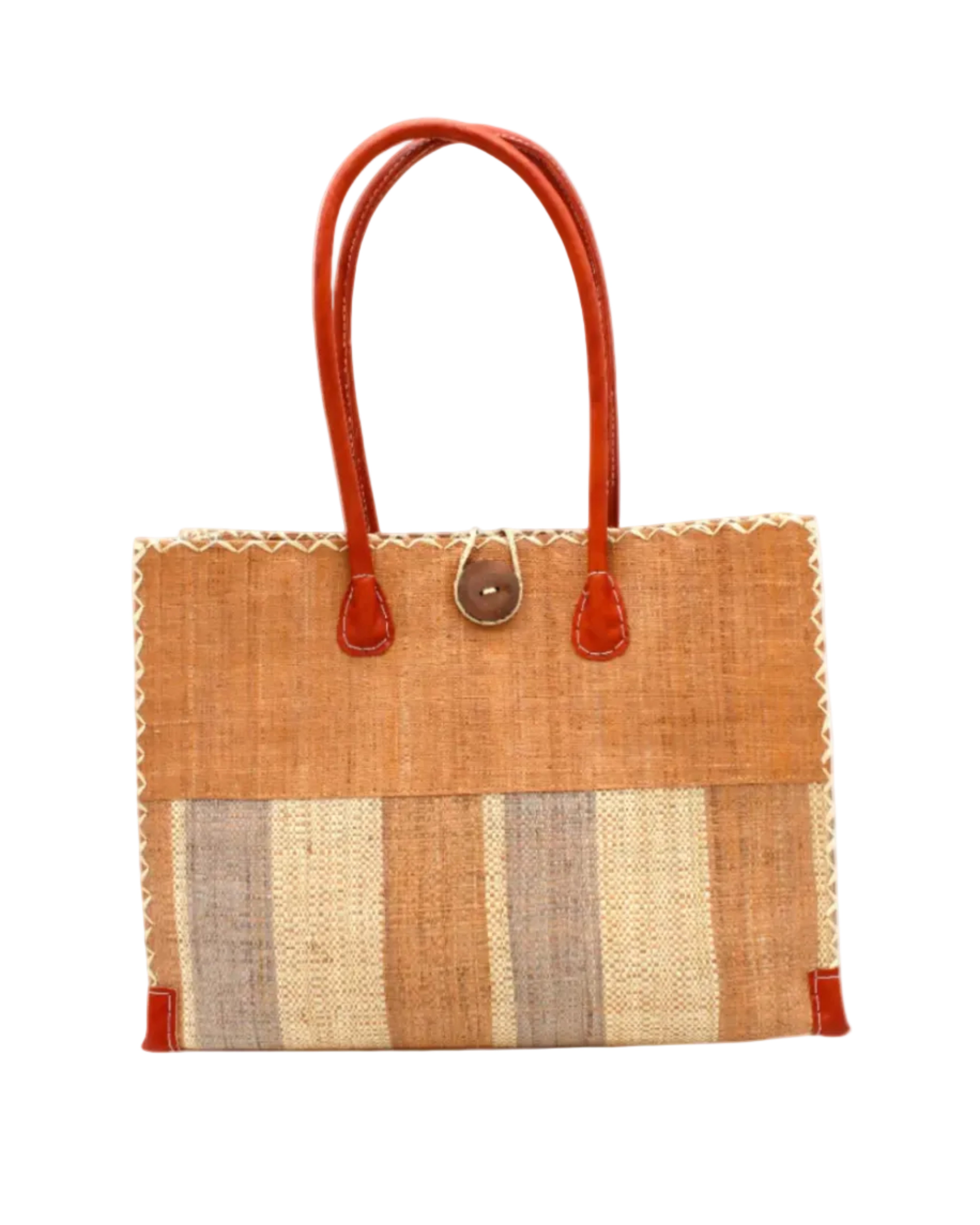 Zafran Two Tone Wide Stripe Blush Swirl Straw Beach Bag handmade loomed raffia palm fiber in a solid hue of blush orange/pink on the top half of the bag and a multicolor multi-width vertical stripe pattern of blush, grey, and natural straw color on the bottom half of the bag with leather handles and feet and matching crosshatch stitch edging shoulder bag - Shebobo