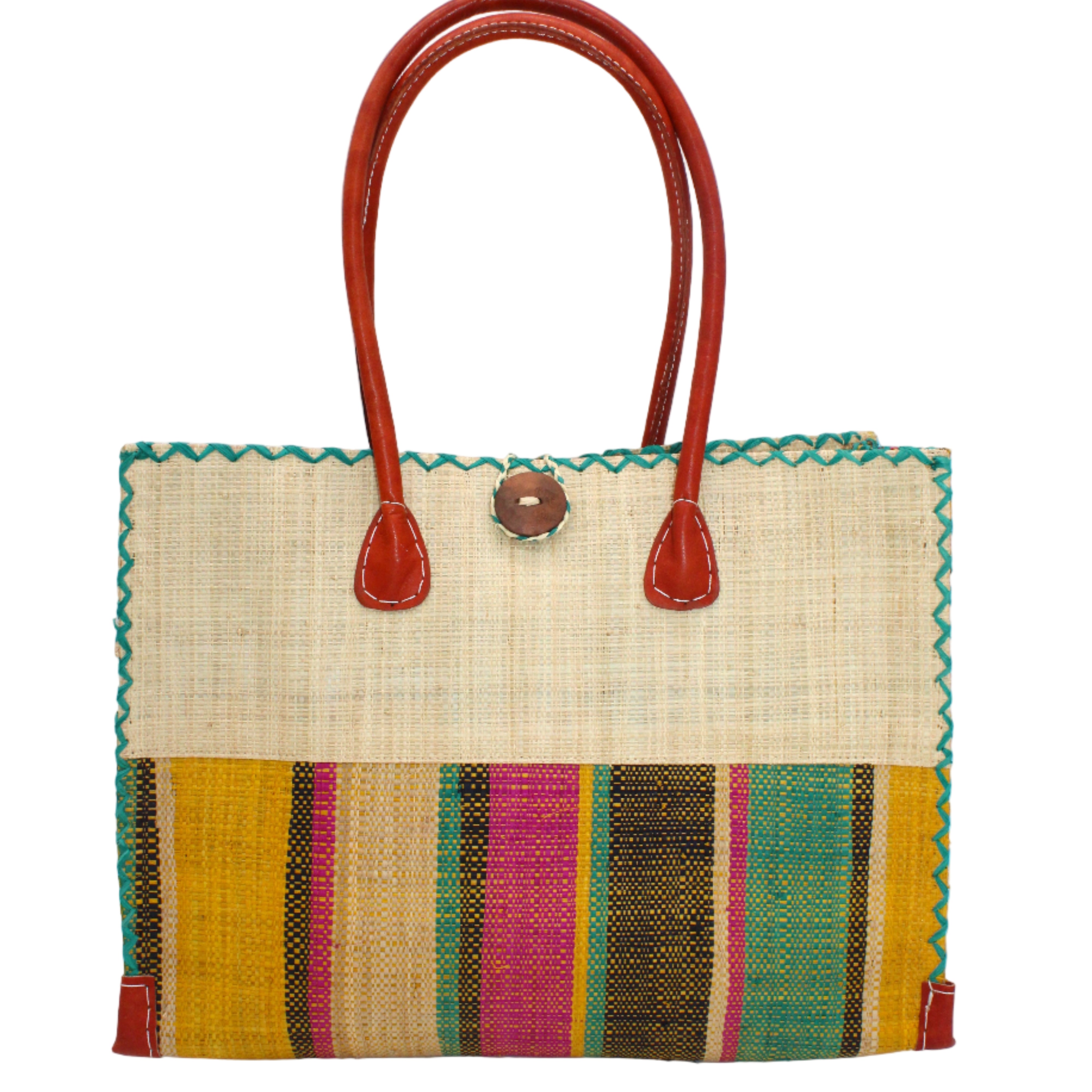 Zafran Two Tone Wide Stripe Carmalita Swirl Straw Beach Bag handmade loomed raffia palm fiber in a solid hue of Natural straw color on the top half of the bag and a multicolor multi-width vertical stripe pattern of black, seafoam light/blue/green, saffron yellow/orange, fuchsia hot/bright/barbie/pink, and natural straw color on the bottom half of the bag with leather handles and feet and matching crosshatch stitch edging shoulder bag - Shebobo