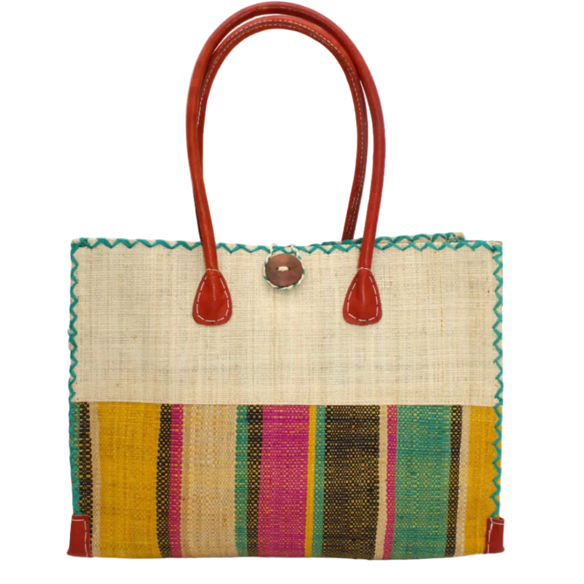 Zafran Two Tone Wide Stripe Carmalita Swirl Straw Beach Bag handmade loomed raffia palm fiber in a solid hue of Natural straw color on the top half of the bag and a multicolor multi-width vertical stripe pattern of black, seafoam light/blue/green, saffron yellow/orange, fuchsia hot/bright/barbie/pink, and natural straw color on the bottom half of the bag with leather handles and feet and matching crosshatch stitch edging shoulder bag - Shebobo