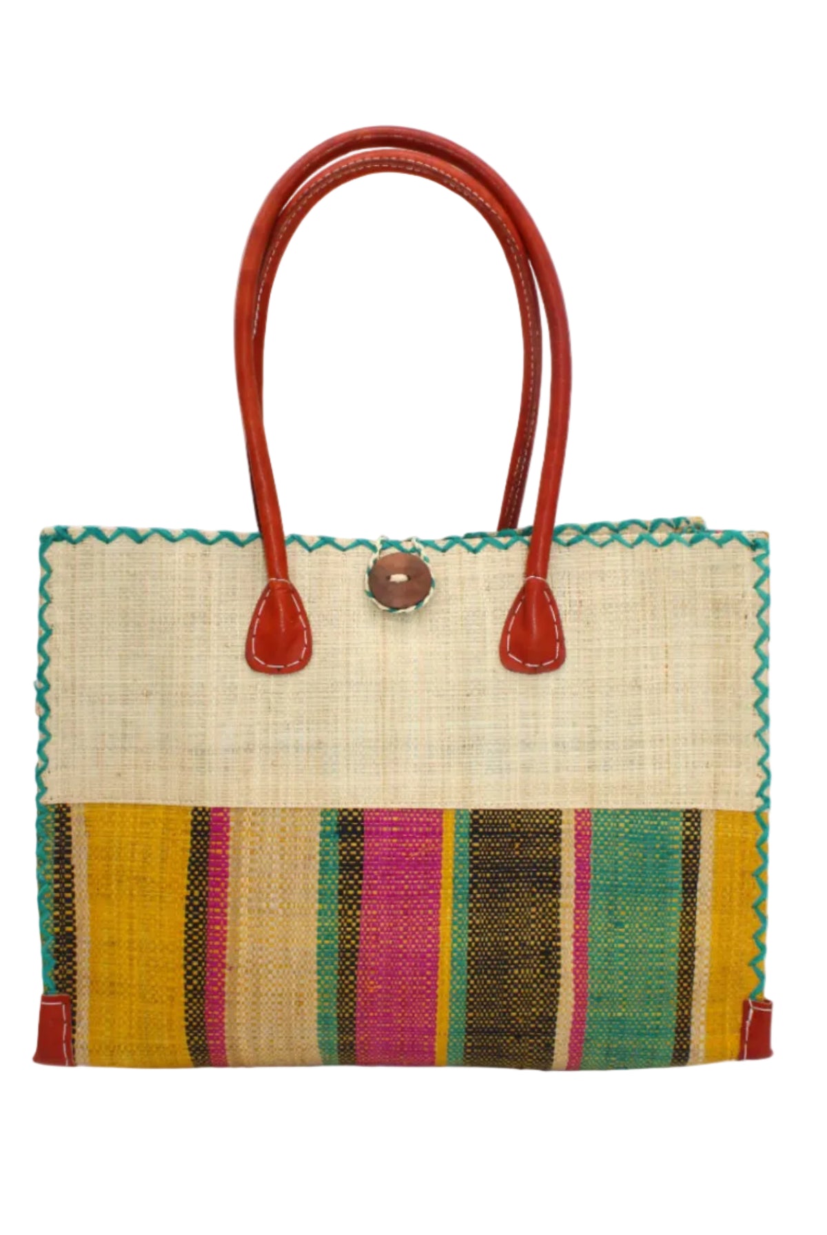 Zafran Two Tone Wide Stripe Carmalita Swirl Straw Beach Bag handmade loomed raffia palm fiber in a solid hue of Natural straw color on the top half of the bag and a multicolor multi-width vertical stripe pattern of black, seafoam light/blue/green, saffron yellow/orange, fuchsia hot/bright/barbie/pink, and natural straw color on the bottom half of the bag with leather handles and feet and matching crosshatch stitch edging shoulder bag - Shebobo