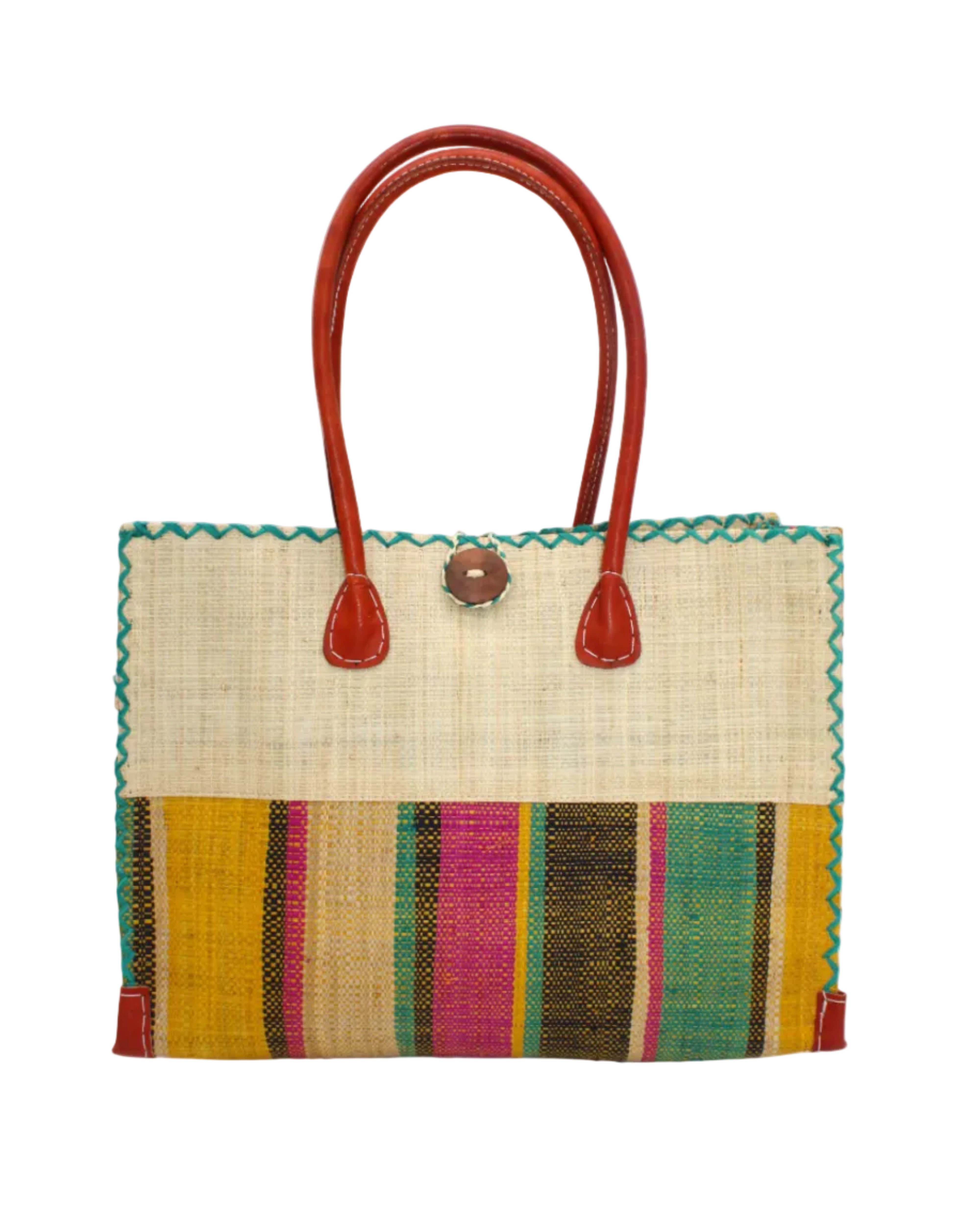 Zafran Two Tone Wide Stripe Carmalita Swirl Straw Beach Bag handmade loomed raffia palm fiber in a solid hue of Natural straw color on the top half of the bag and a multicolor multi-width vertical stripe pattern of black, seafoam light/blue/green, saffron yellow/orange, fuchsia hot/bright/barbie/pink, and natural straw color on the bottom half of the bag with leather handles and feet and matching crosshatch stitch edging shoulder bag - Shebobo