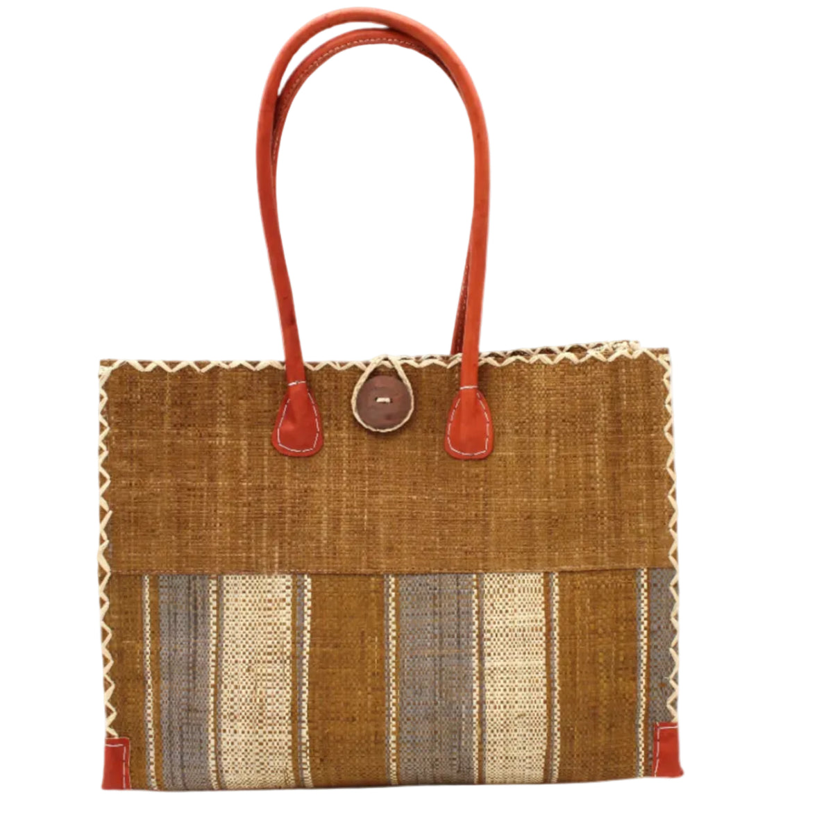 Zafran Two Tone Wide Stripe Cinnamon Swirl Straw Beach Bag handmade loomed raffia palm fiber in a solid hue of cinnamon tobacco/dark/brown on the top half of the bag and a multicolor multi-width vertical stripe pattern of cinnamon, grey, and natural straw color on the bottom half of the bag with leather handles and feet and matching crosshatch stitch edging shoulder bag - Shebobo