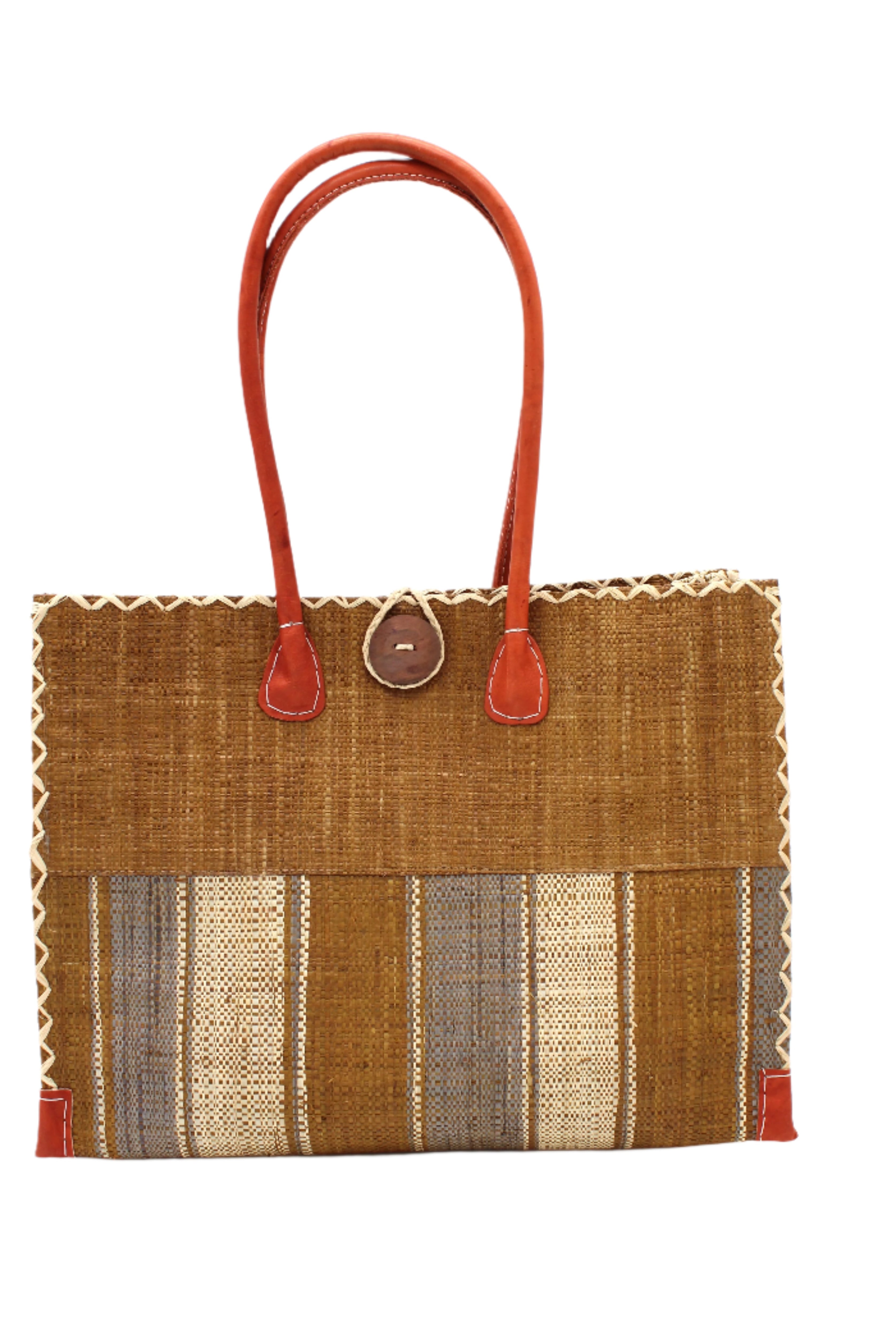 Zafran Two Tone Wide Stripe Cinnamon Swirl Straw Beach Bag handmade loomed raffia palm fiber in a solid hue of cinnamon tobacco/dark/brown on the top half of the bag and a multicolor multi-width vertical stripe pattern of cinnamon, grey, and natural straw color on the bottom half of the bag with leather handles and feet and matching crosshatch stitch edging shoulder bag - Shebobo