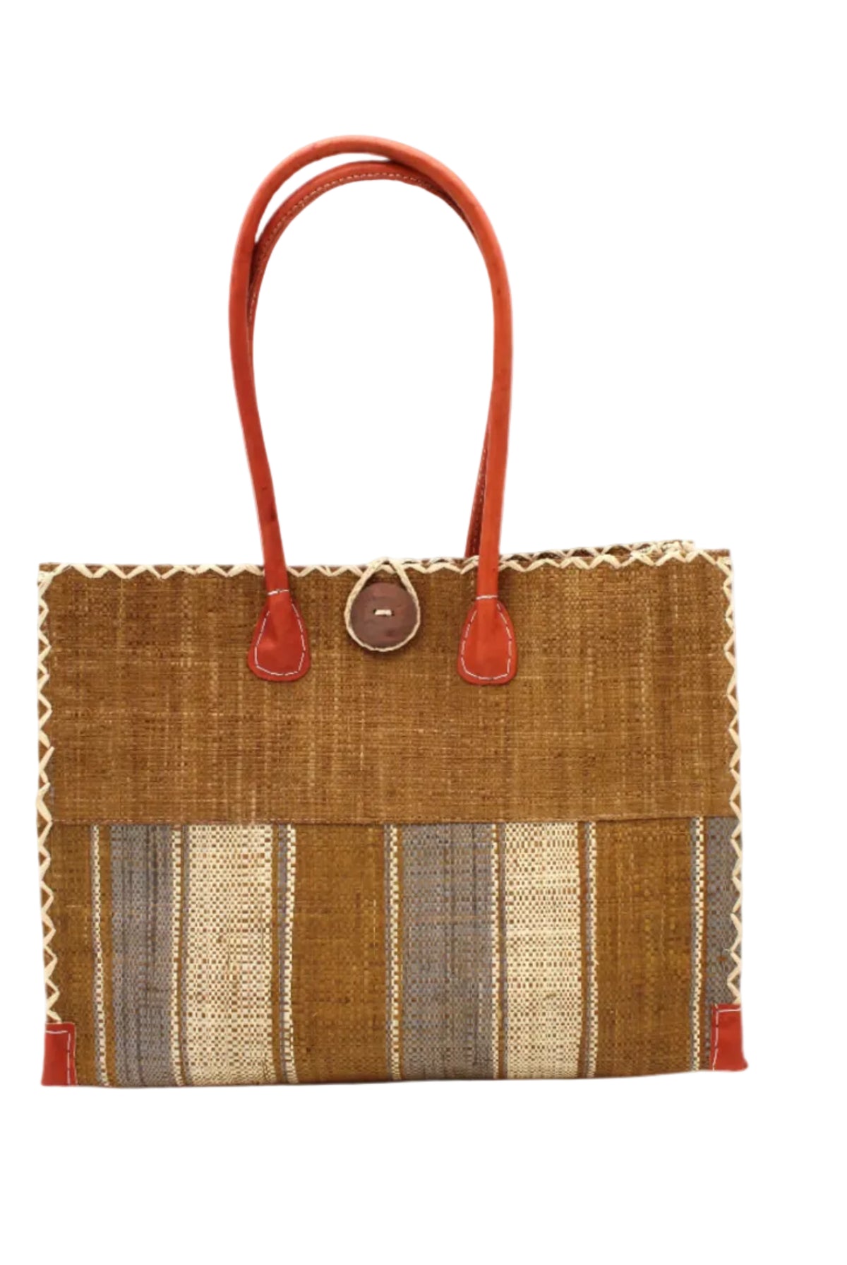 Zafran Two Tone Wide Stripe Cinnamon Swirl Straw Beach Bag handmade loomed raffia palm fiber in a solid hue of cinnamon tobacco/dark/brown on the top half of the bag and a multicolor multi-width vertical stripe pattern of cinnamon, grey, and natural straw color on the bottom half of the bag with leather handles and feet and matching crosshatch stitch edging shoulder bag - Shebobo