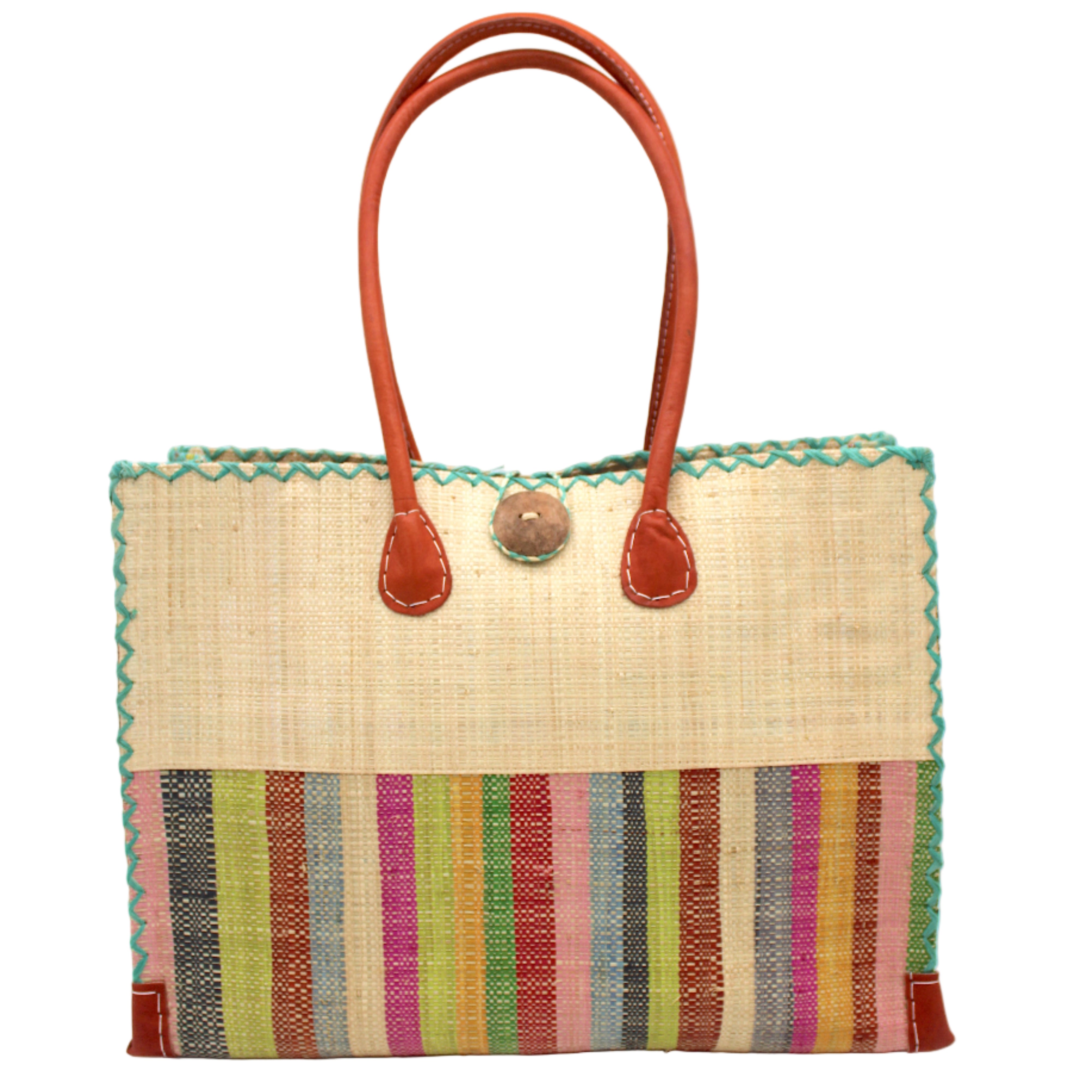Zafran Two Tone Wide Stripe Lollipop Stripe Straw Beach Bag handmade loomed raffia palm fiber in a solid hue of Natural straw color on the top half of the bag and a multicolor multi-width vertical stripe pattern of black, lime green, grass green, red, light/soft/baby pink, yellow, grey, whisky caramel/red/brown, light blue, fuchsia hot/bright/barbie/pink, and natural straw color on the bottom half of the bag with leather handles and feet and matching crosshatch stitch edging shoulder bag - Shebobo