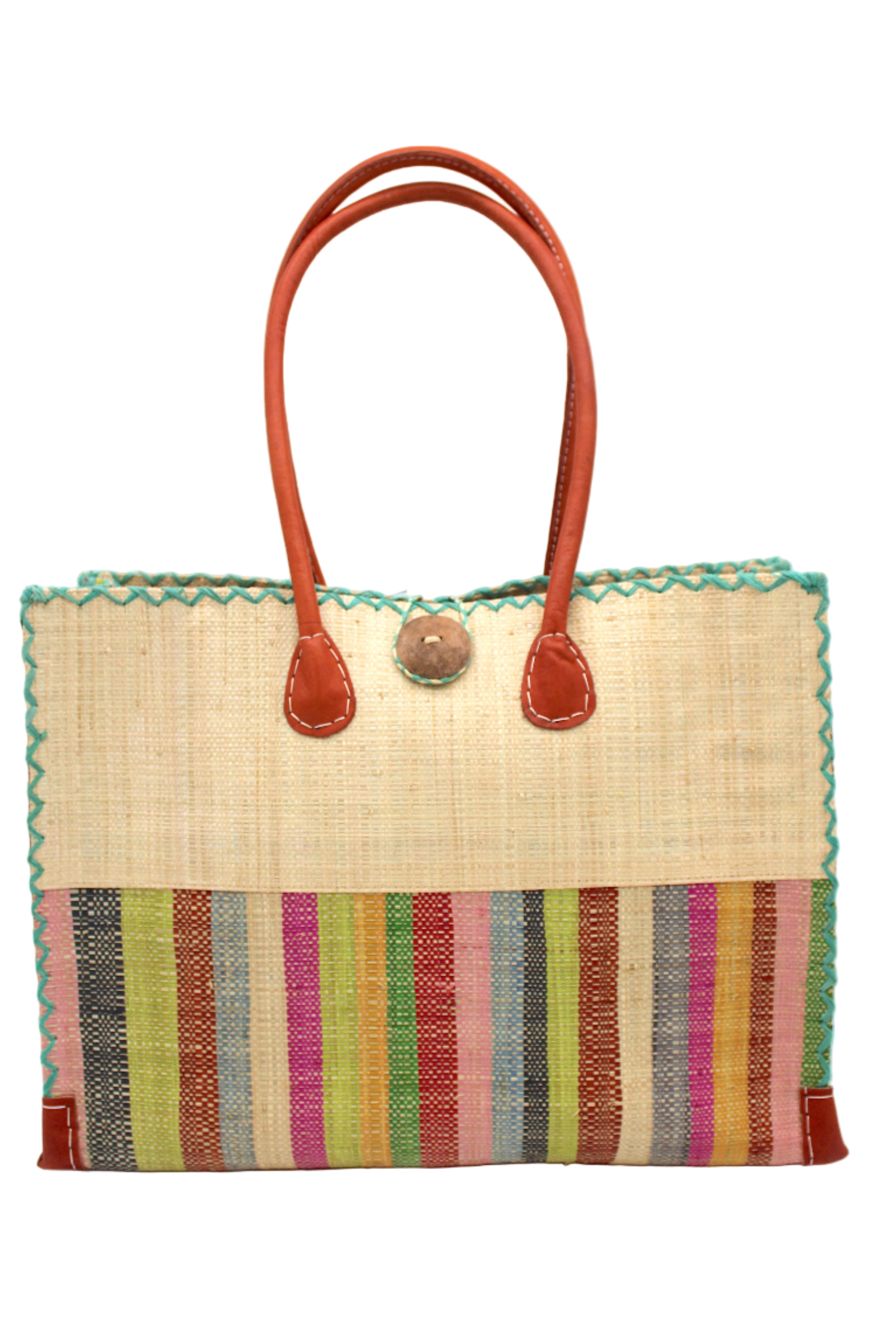 Zafran Two Tone Wide Stripe Lollipop Stripe Straw Beach Bag handmade loomed raffia palm fiber in a solid hue of Natural straw color on the top half of the bag and a multicolor multi-width vertical stripe pattern of black, lime green, grass green, red, light/soft/baby pink, yellow, grey, whisky caramel/red/brown, light blue, fuchsia hot/bright/barbie/pink, and natural straw color on the bottom half of the bag with leather handles and feet and matching crosshatch stitch edging shoulder bag - Shebobo