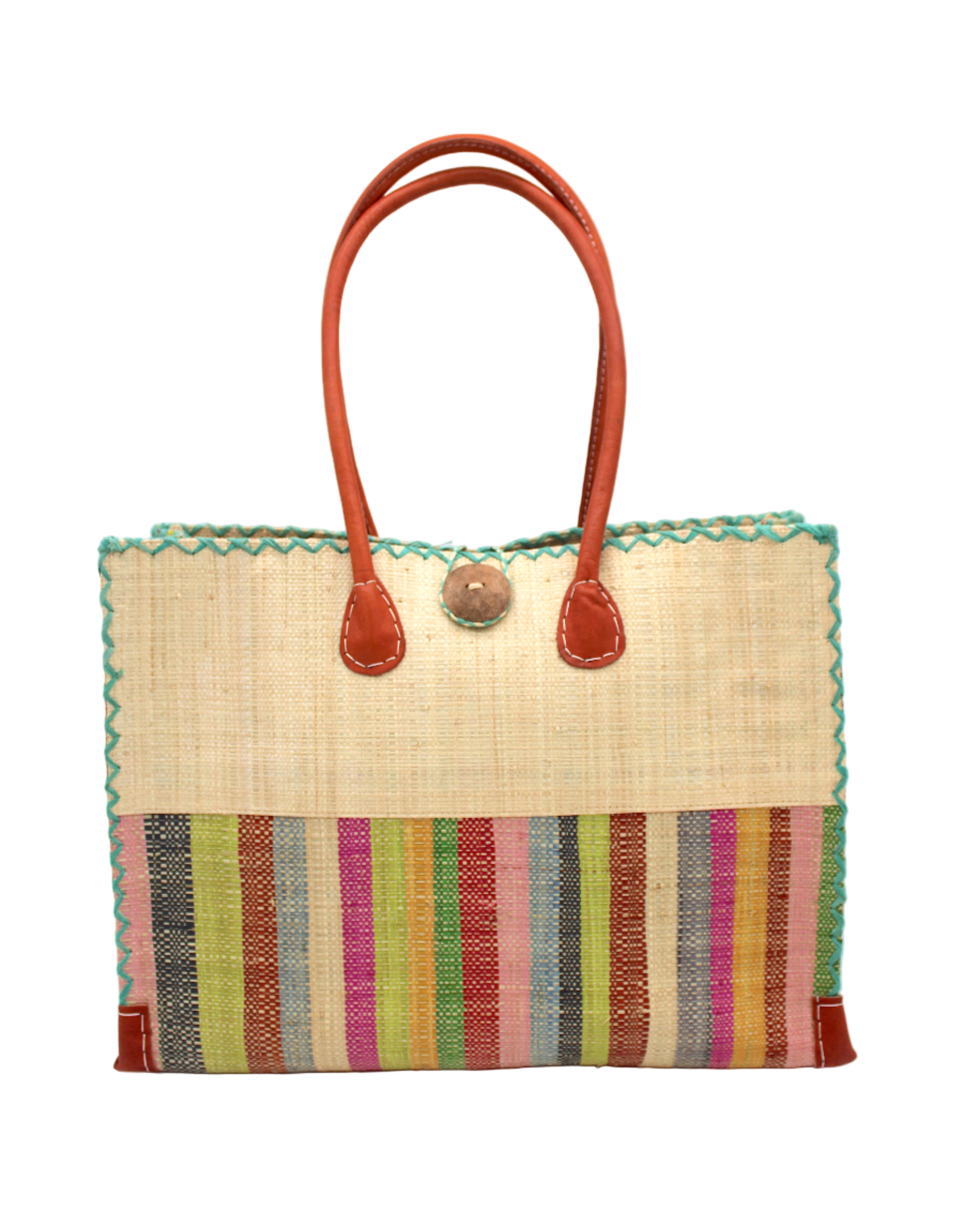 Zafran Two Tone Wide Stripe Lollipop Stripe Straw Beach Bag handmade loomed raffia palm fiber in a solid hue of Natural straw color on the top half of the bag and a multicolor multi-width vertical stripe pattern of black, lime green, grass green, red, light/soft/baby pink, yellow, grey, whisky caramel/red/brown, light blue, fuchsia hot/bright/barbie/pink, and natural straw color on the bottom half of the bag with leather handles and feet and matching crosshatch stitch edging shoulder bag - Shebobo