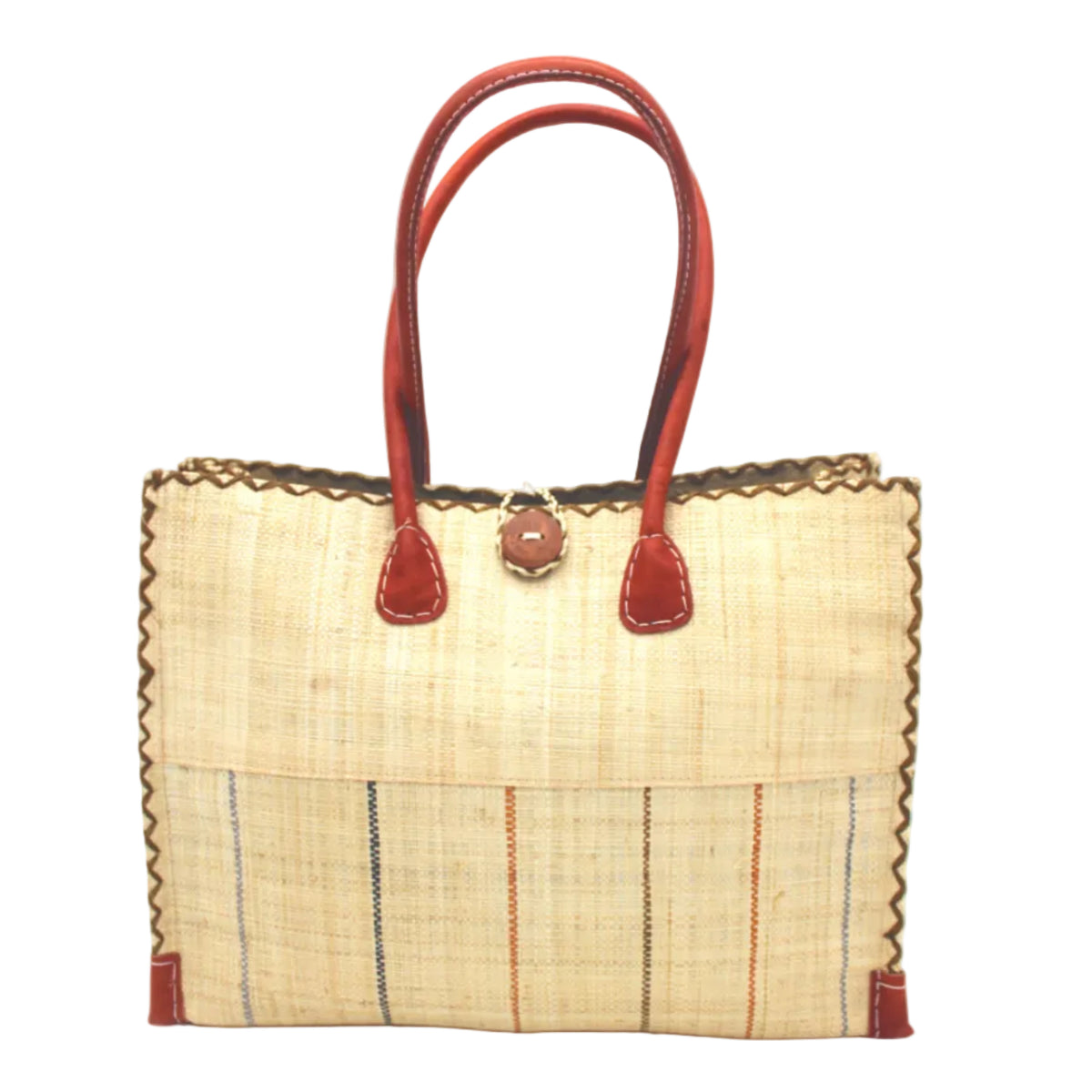 Zafran Two Tone Wide Stripe Neutrals Pinstripe Straw Beach Bag handmade loomed raffia palm fiber in a solid hue of natural straw color on the top half of the bag and a multicolor multi-width vertical pinstripe stripe pattern with thin bands of black, blush pink/orange, cinnamon tobacco/dark/brown, and grey with wide bands of natural straw color on the bottom half of the bag with leather handles and feet and matching crosshatch stitch edging shoulder bag - Shebobo