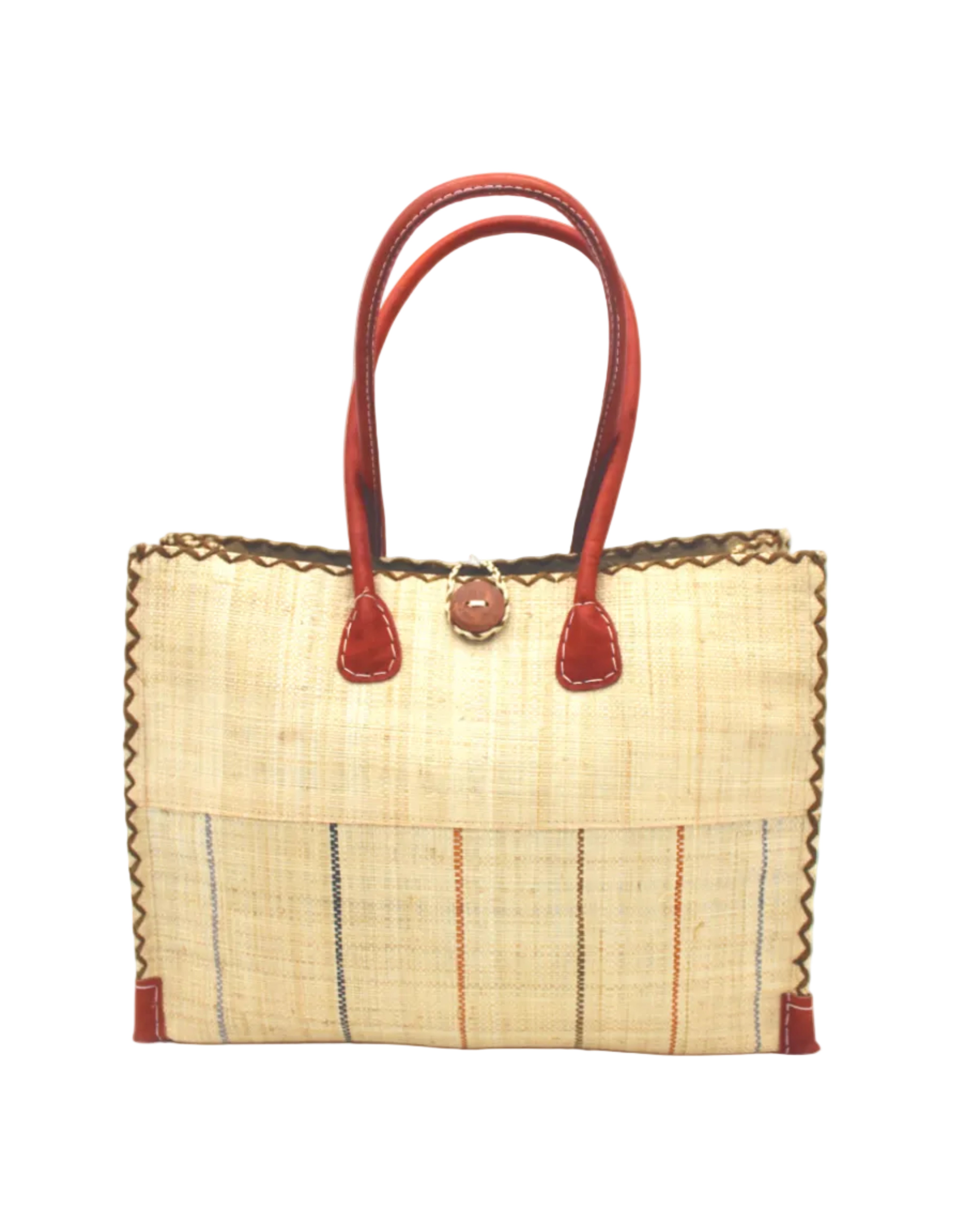 Zafran Two Tone Wide Stripe Neutrals Pinstripe Straw Beach Bag handmade loomed raffia palm fiber in a solid hue of natural straw color on the top half of the bag and a multicolor multi-width vertical pinstripe stripe pattern with thin bands of black, blush pink/orange, cinnamon tobacco/dark/brown, and grey with wide bands of natural straw color on the bottom half of the bag with leather handles and feet and matching crosshatch stitch edging shoulder bag - Shebobo