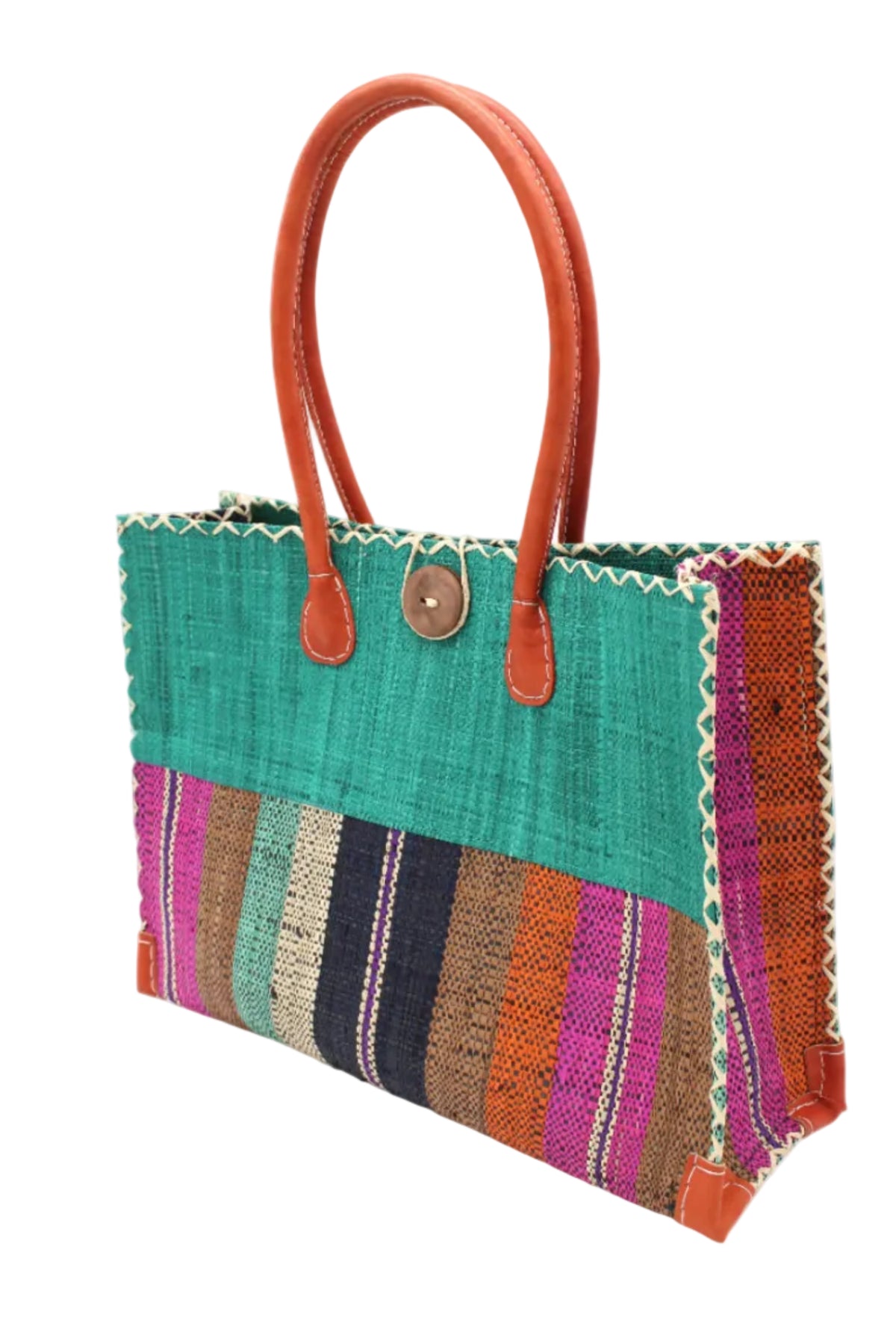 Side view Zafran Two Tone Wide Stripe Revel Swirl Straw Beach Bag handmade loomed raffia palm fiber in a solid hue of Teal dark/blue/green on the top half of the bag and a multicolor multi-width vertical stripe pattern of black, cinnamon tobacco/dark/brown, teal, coral orange/red, fuchsia hot/bright/barbie/pink, and natural straw color on the bottom half of the bag with leather handles and feet and matching crosshatch stitch edging shoulder bag - Shebobo