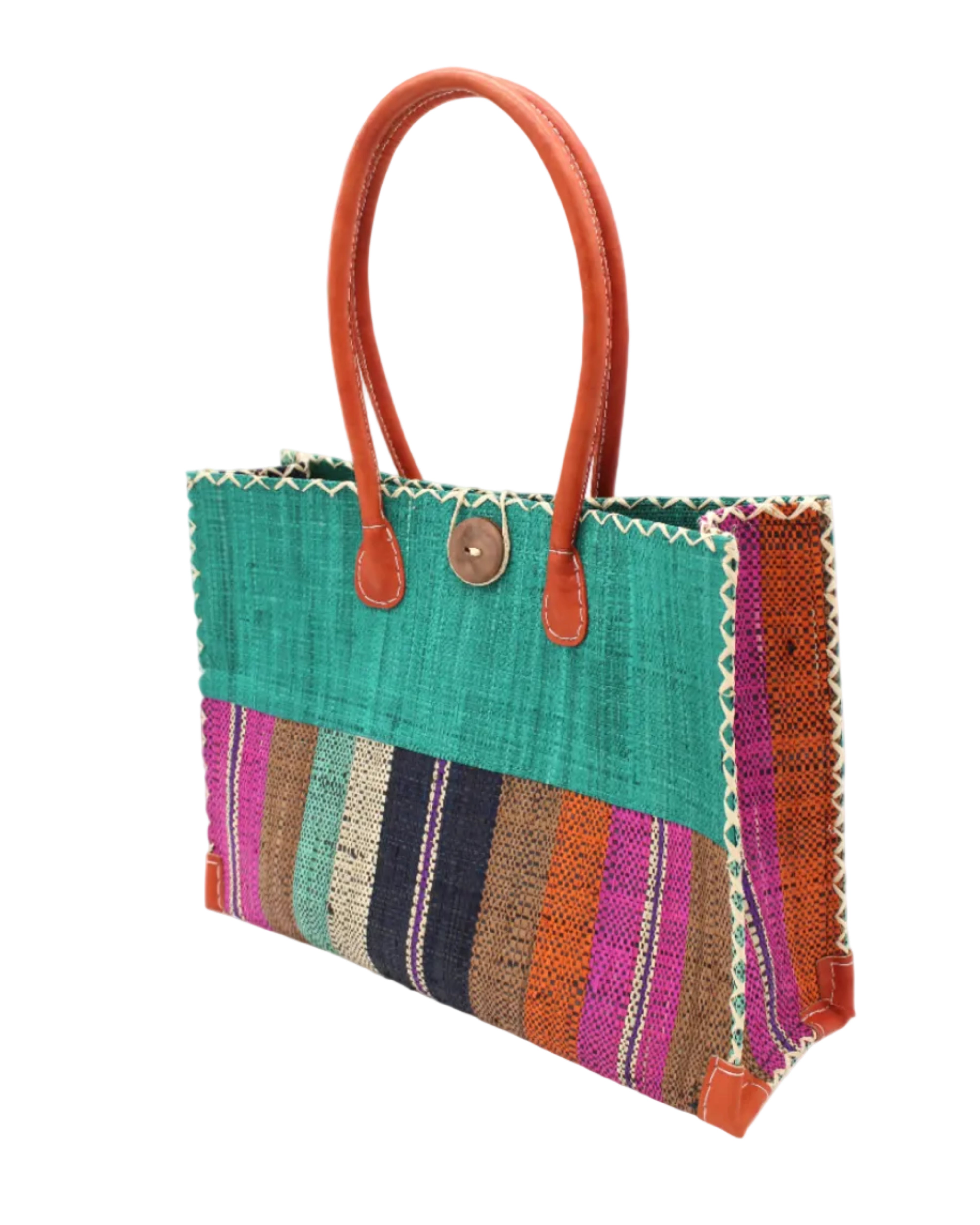 Side view Zafran Two Tone Wide Stripe Revel Swirl Straw Beach Bag handmade loomed raffia palm fiber in a solid hue of Teal dark/blue/green on the top half of the bag and a multicolor multi-width vertical stripe pattern of black, cinnamon tobacco/dark/brown, teal, coral orange/red, fuchsia hot/bright/barbie/pink, and natural straw color on the bottom half of the bag with leather handles and feet and matching crosshatch stitch edging shoulder bag - Shebobo